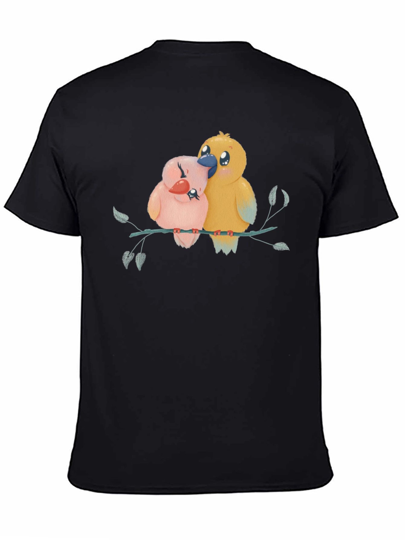 Cute Birds on Branch Graphic Tee - Black