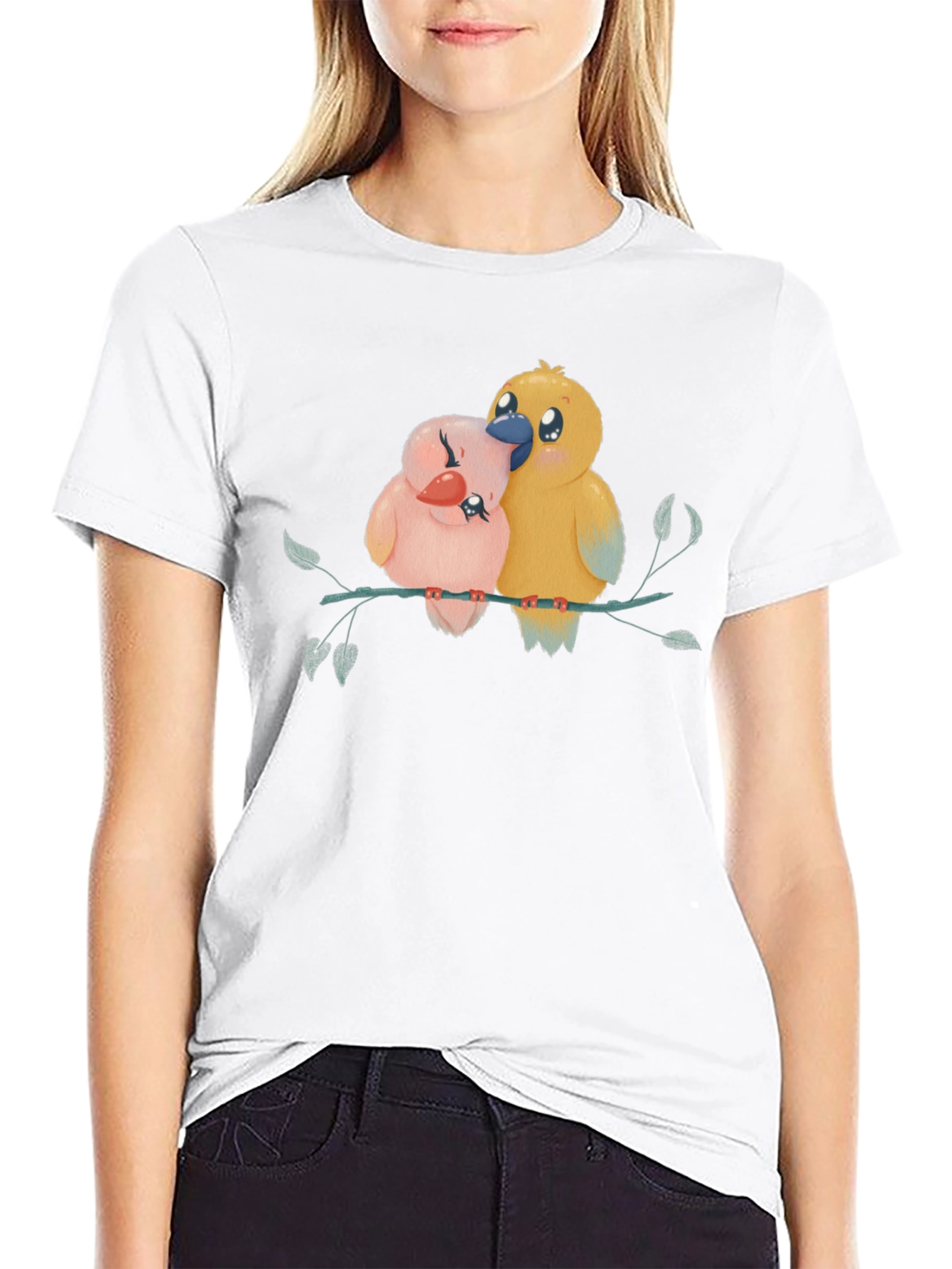 Cute Birds on Branch Graphic Tee - Black