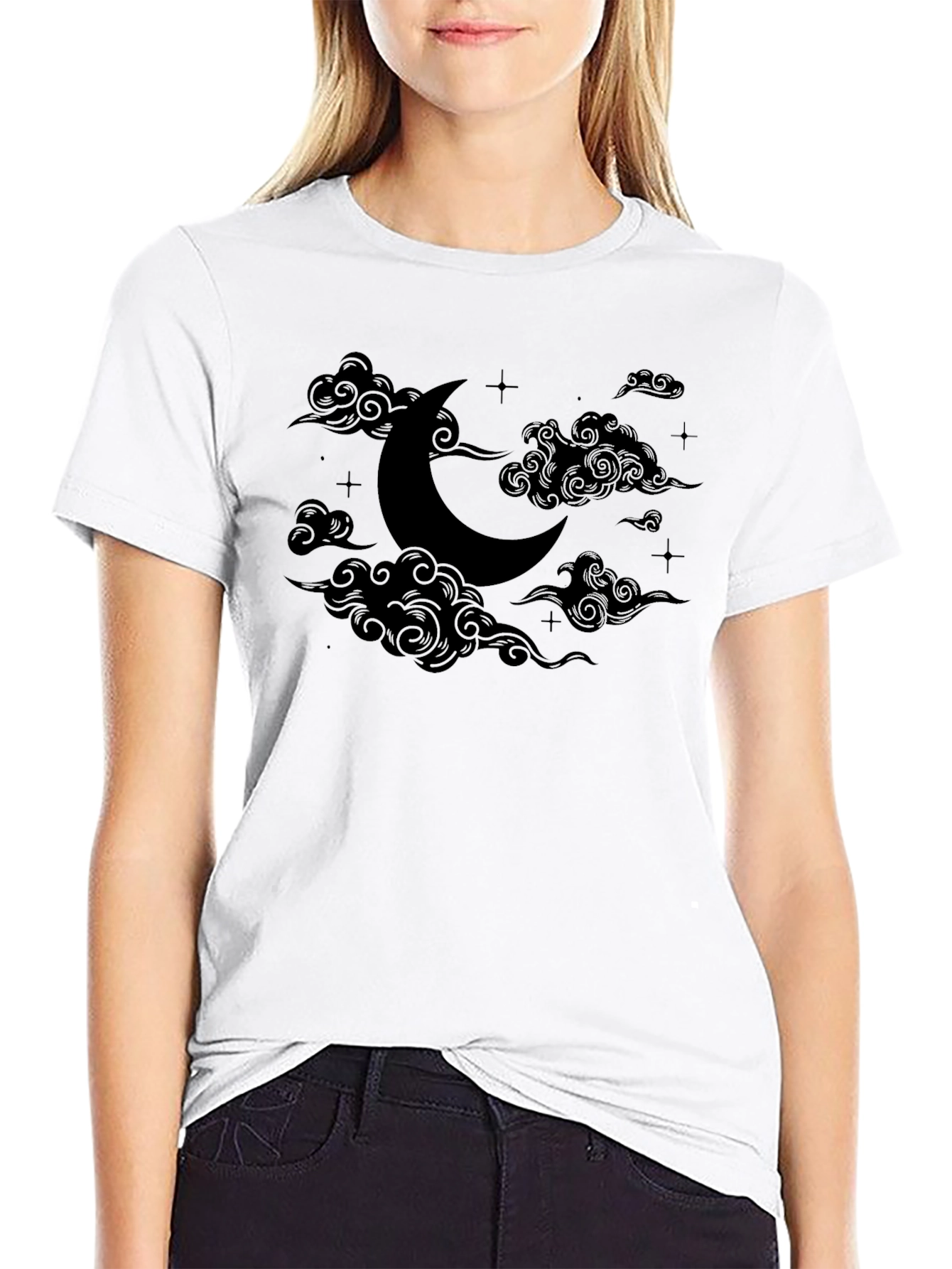 Crescent Moon & Clouds Graphic Tee - Black Cotton Comfort