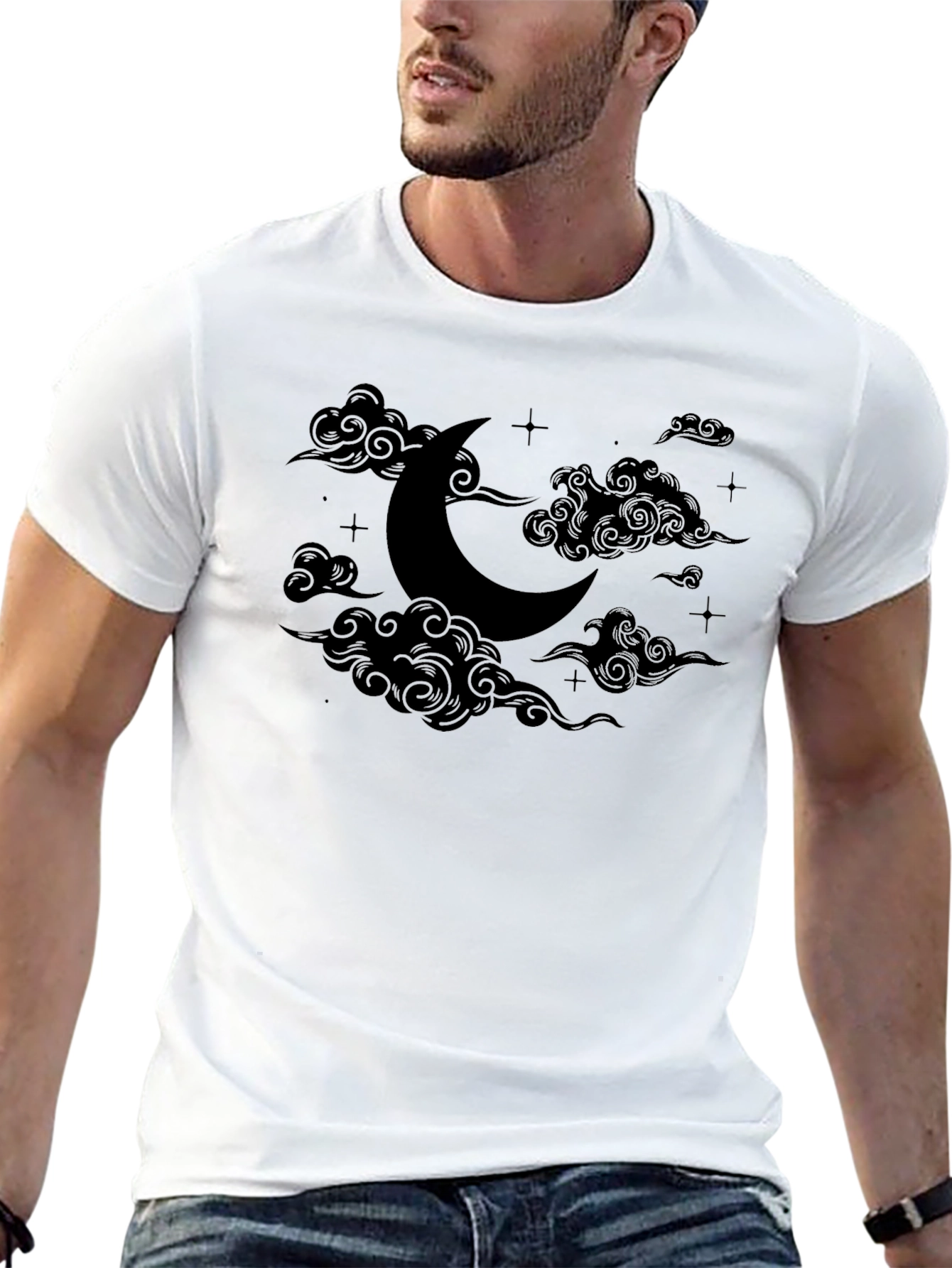 Crescent Moon & Clouds Graphic Tee - Black Cotton Comfort