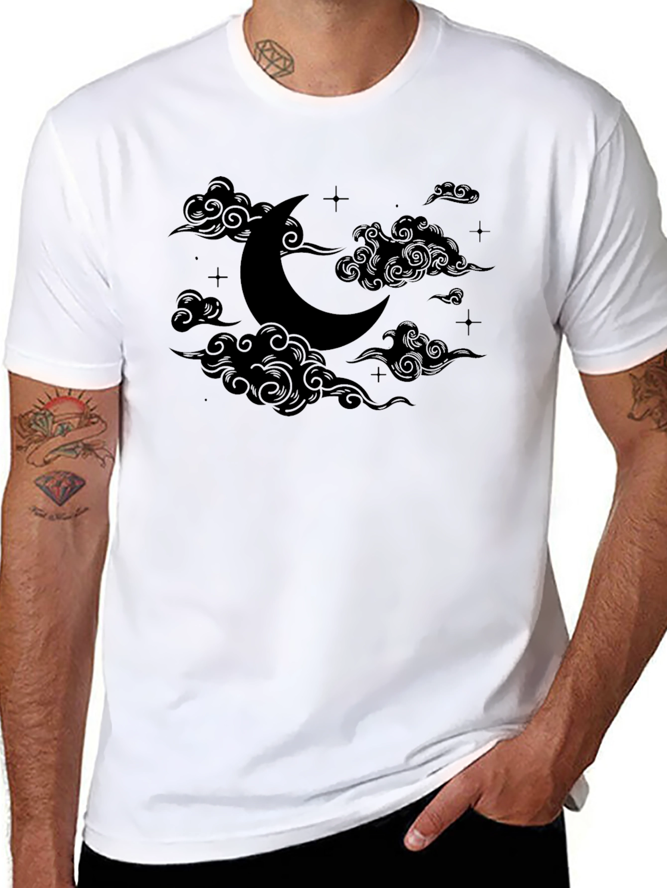 Crescent Moon & Clouds Graphic Tee - Black Cotton Comfort
