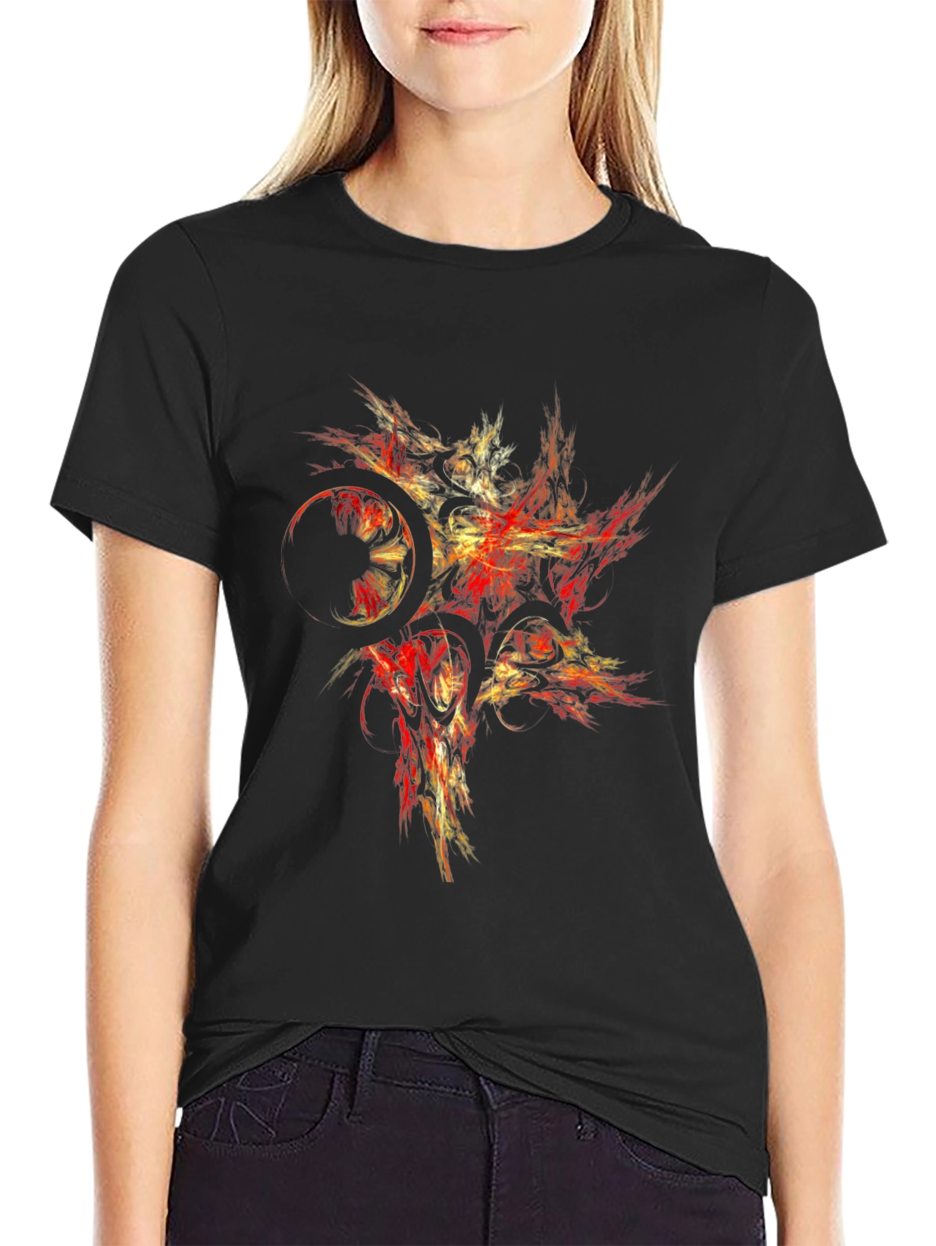 Abstract Red & Gold Graphic Black T-Shirt