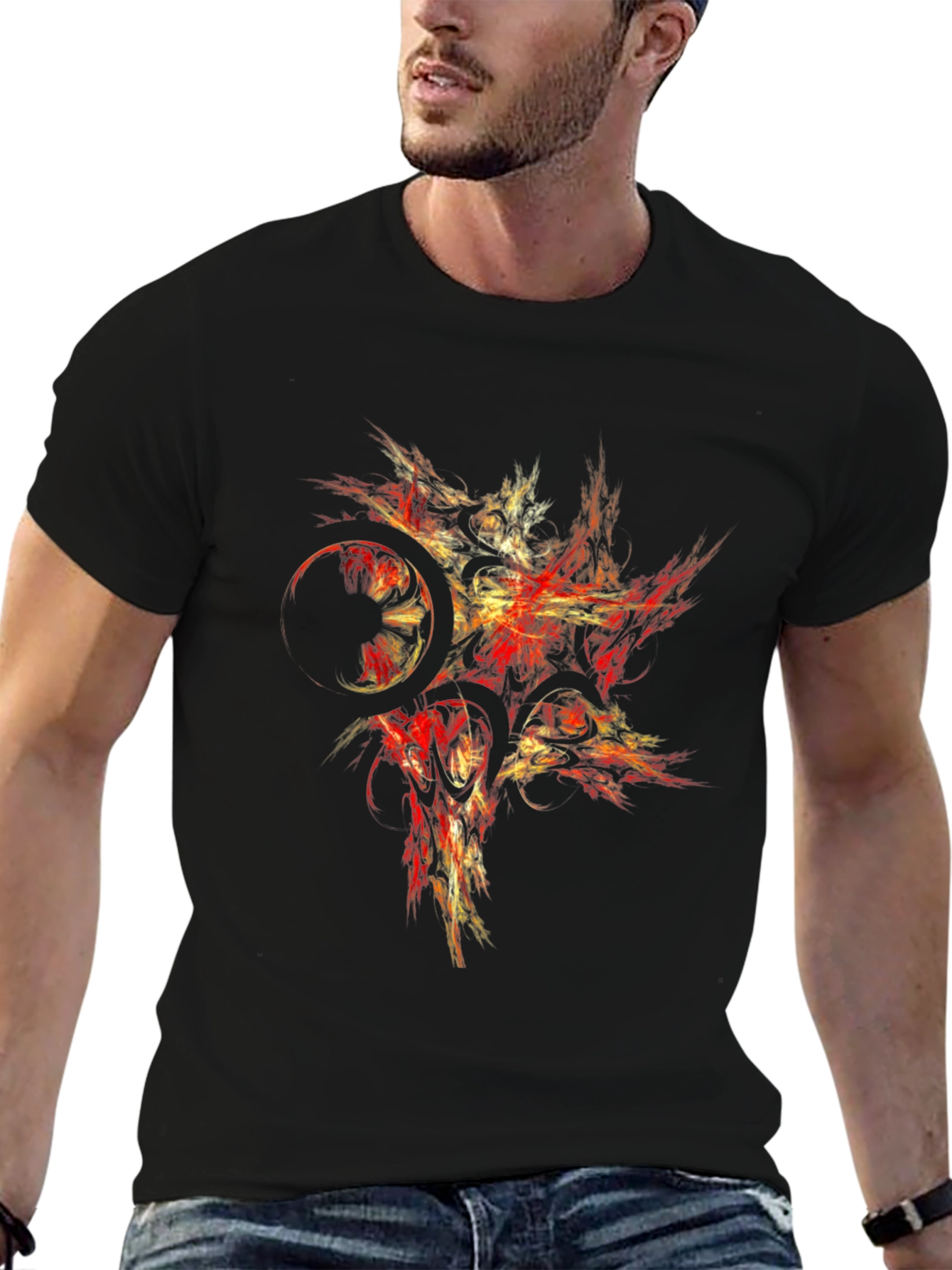 Abstract Red & Gold Graphic Black T-Shirt
