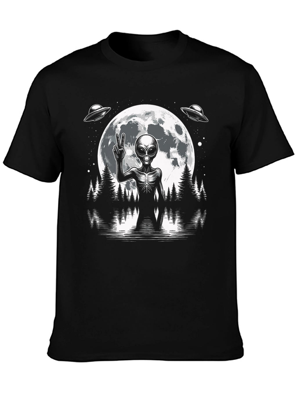 Alien Peace Sign Graphic T-Shirt - Black
