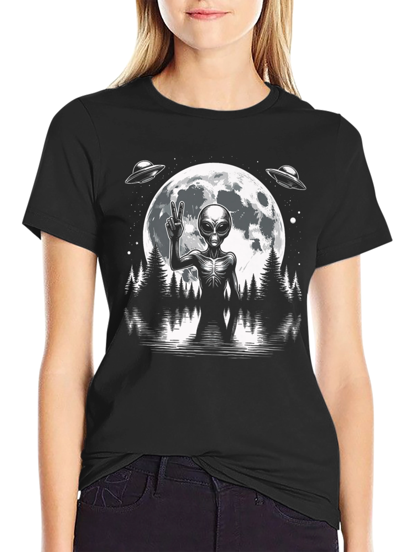 Alien Peace Sign Graphic T-Shirt - Black