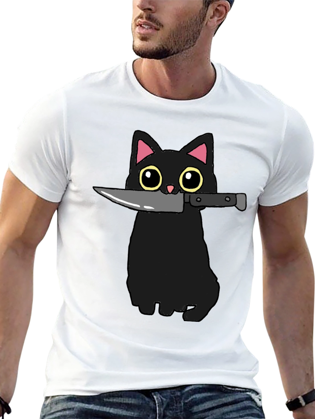 Black Cat Knife Graphic T-Shirt - Funny Cat Tee