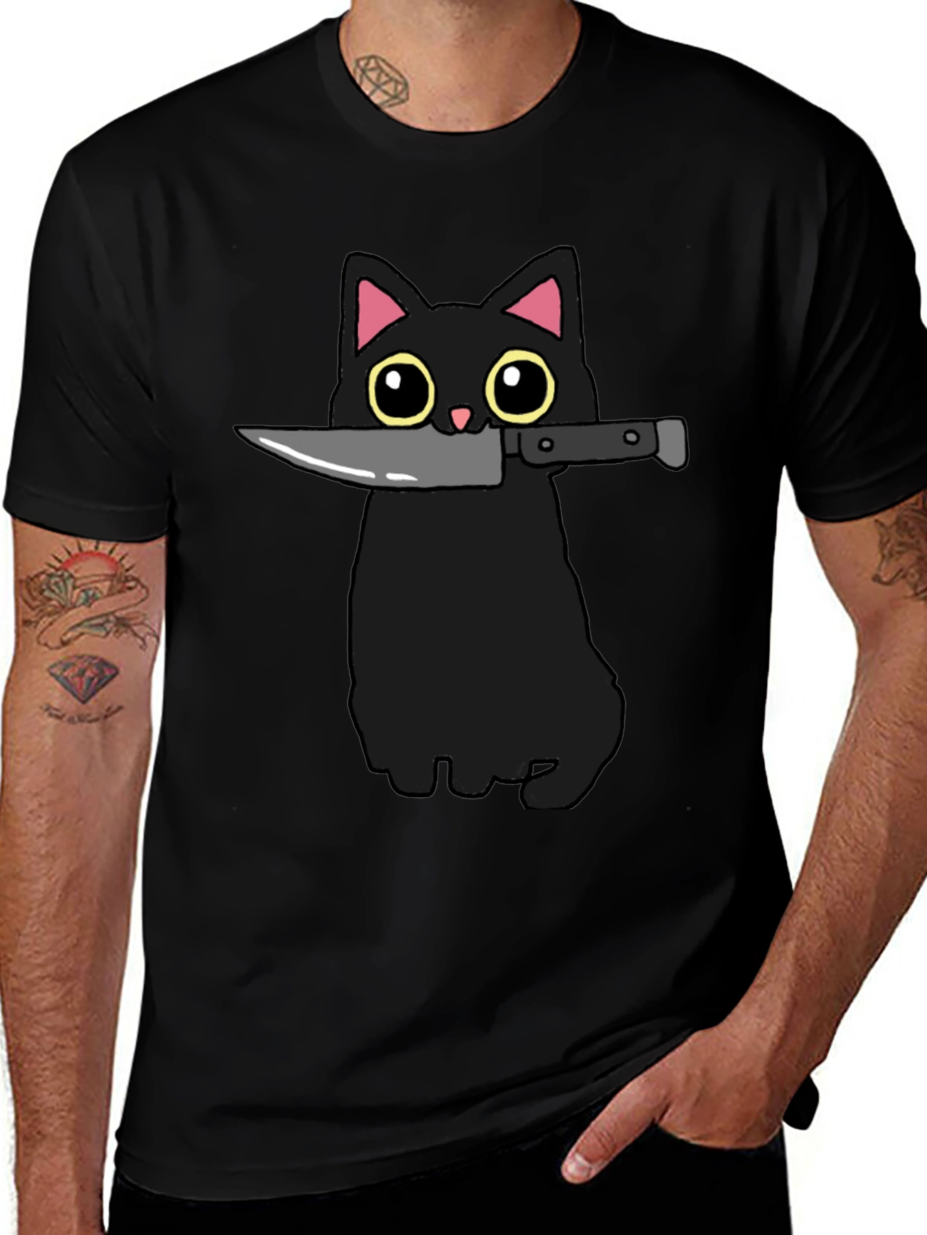 Black Cat Knife Graphic T-Shirt - Funny Cat Tee