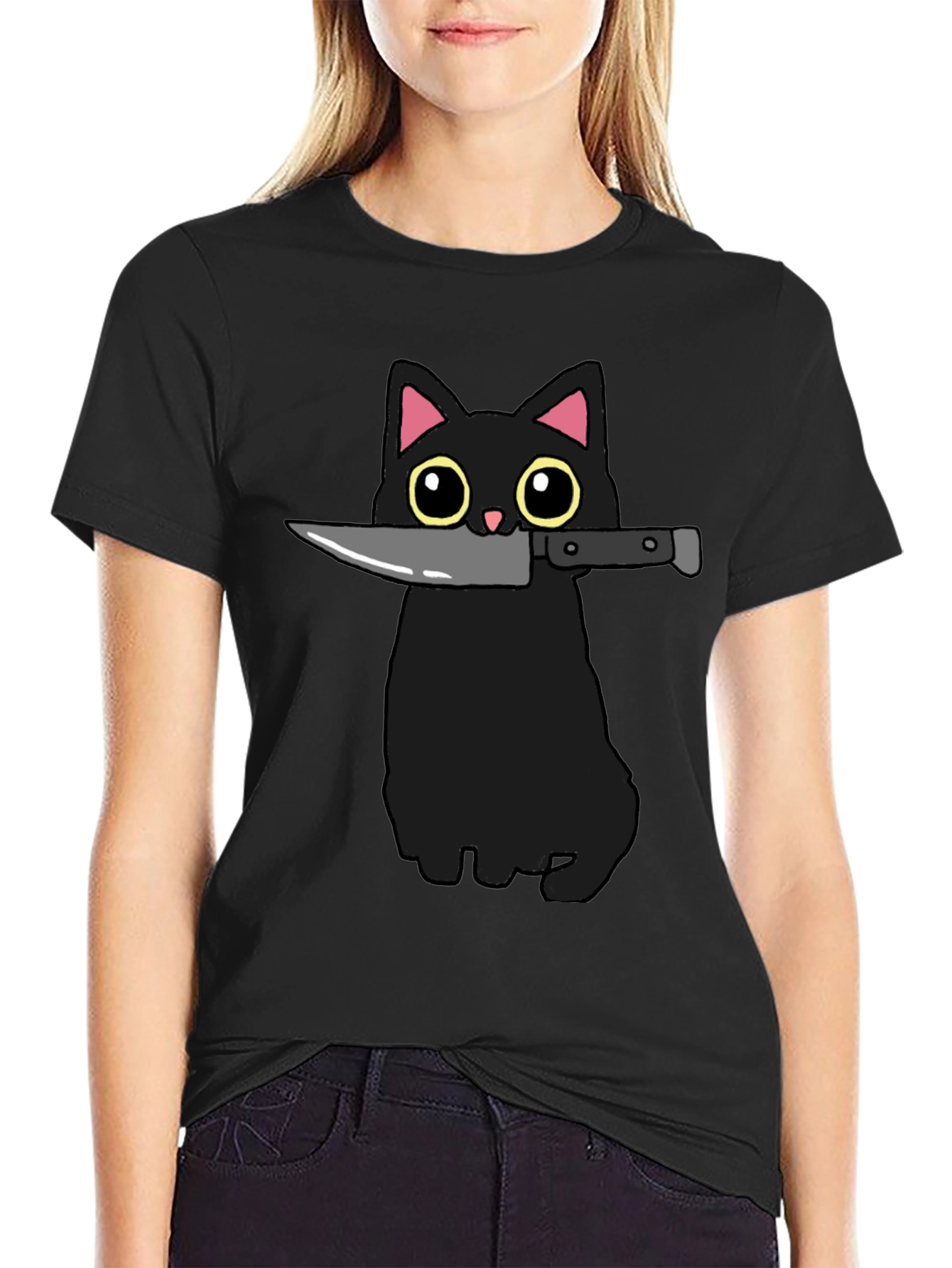 Black Cat Knife Graphic T-Shirt - Funny Cat Tee