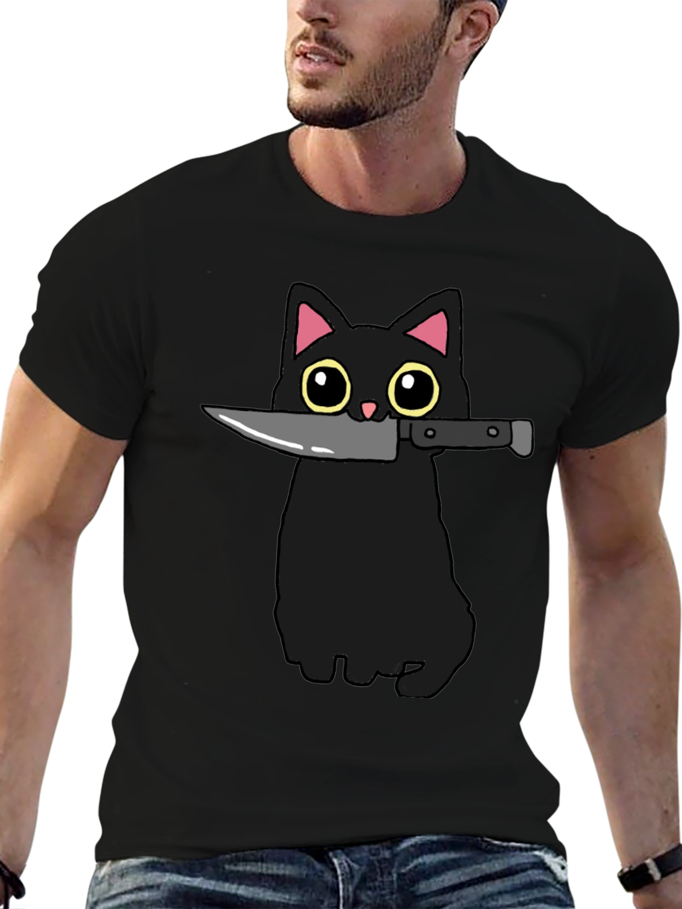 Black Cat Knife Graphic T-Shirt - Funny Cat Tee