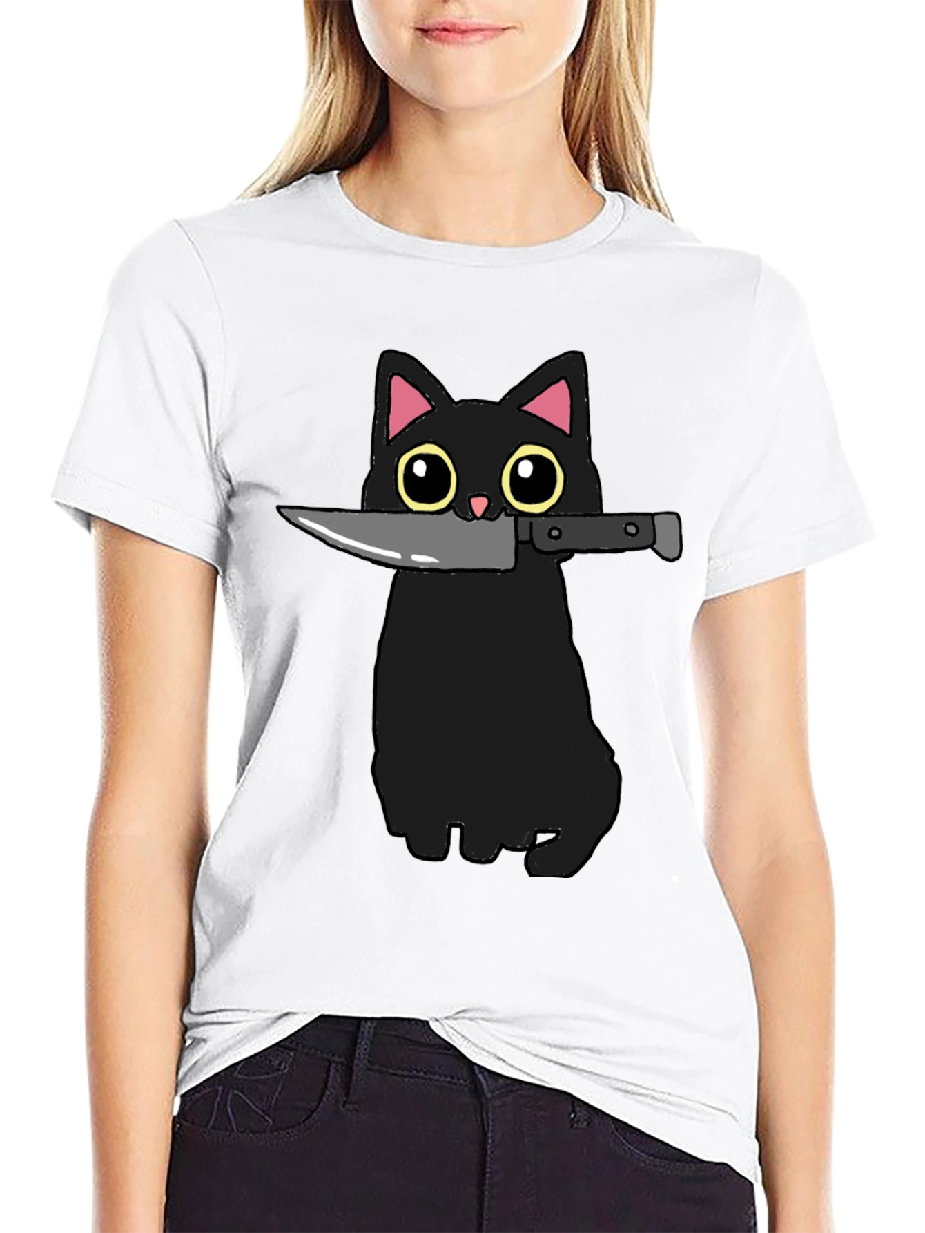 Black Cat Knife Graphic T-Shirt - Funny Cat Tee