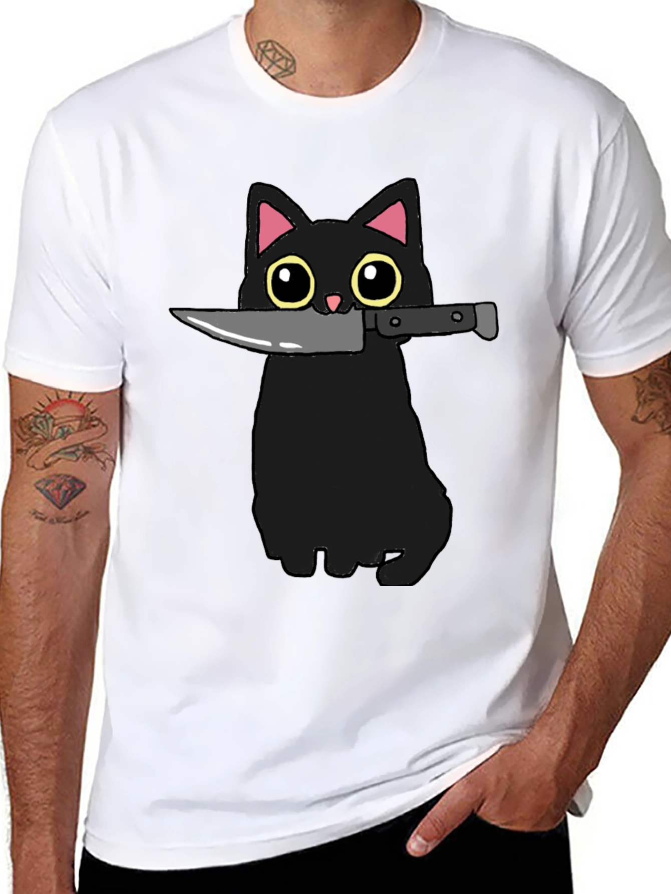 Black Cat Knife Graphic T-Shirt - Funny Cat Tee