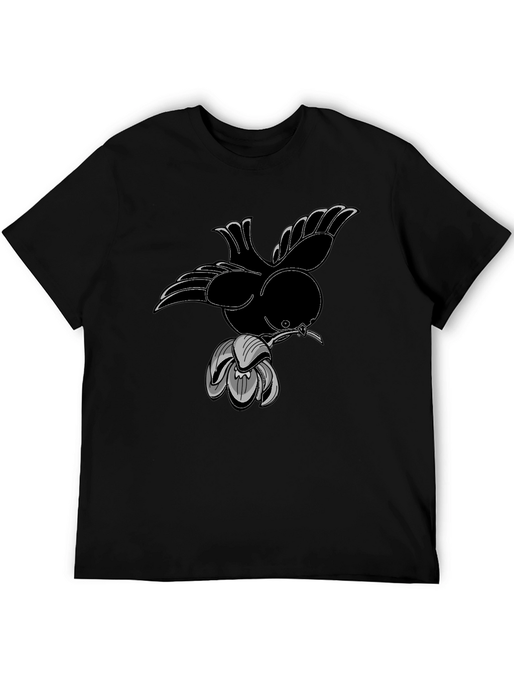Bird and Flower Graphic Black T-Shirt