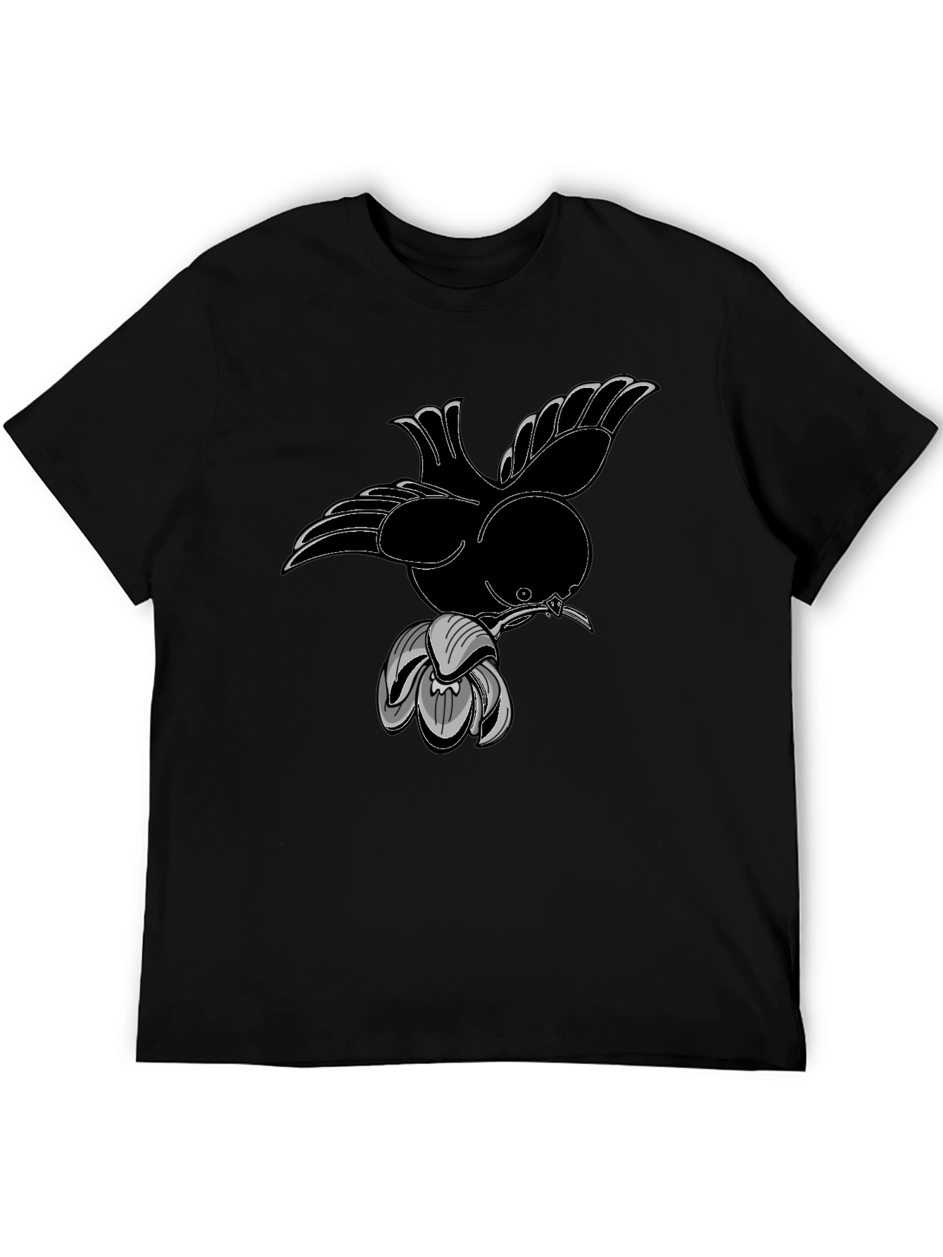 Bird and Flower Graphic Black T-Shirt