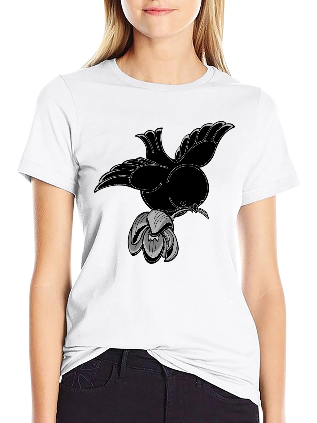 Bird and Flower Graphic Black T-Shirt