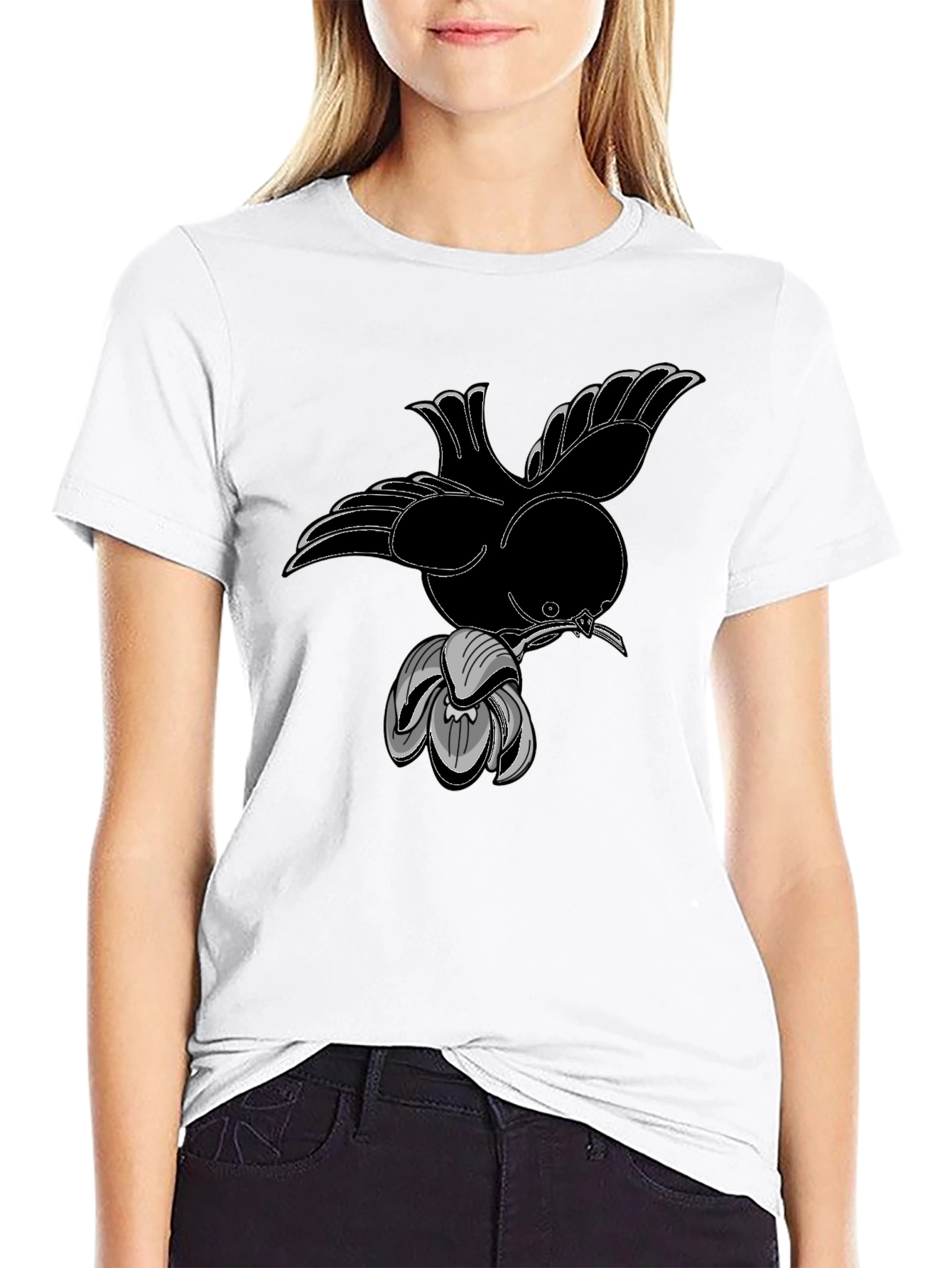 Bird and Flower Graphic Black T-Shirt