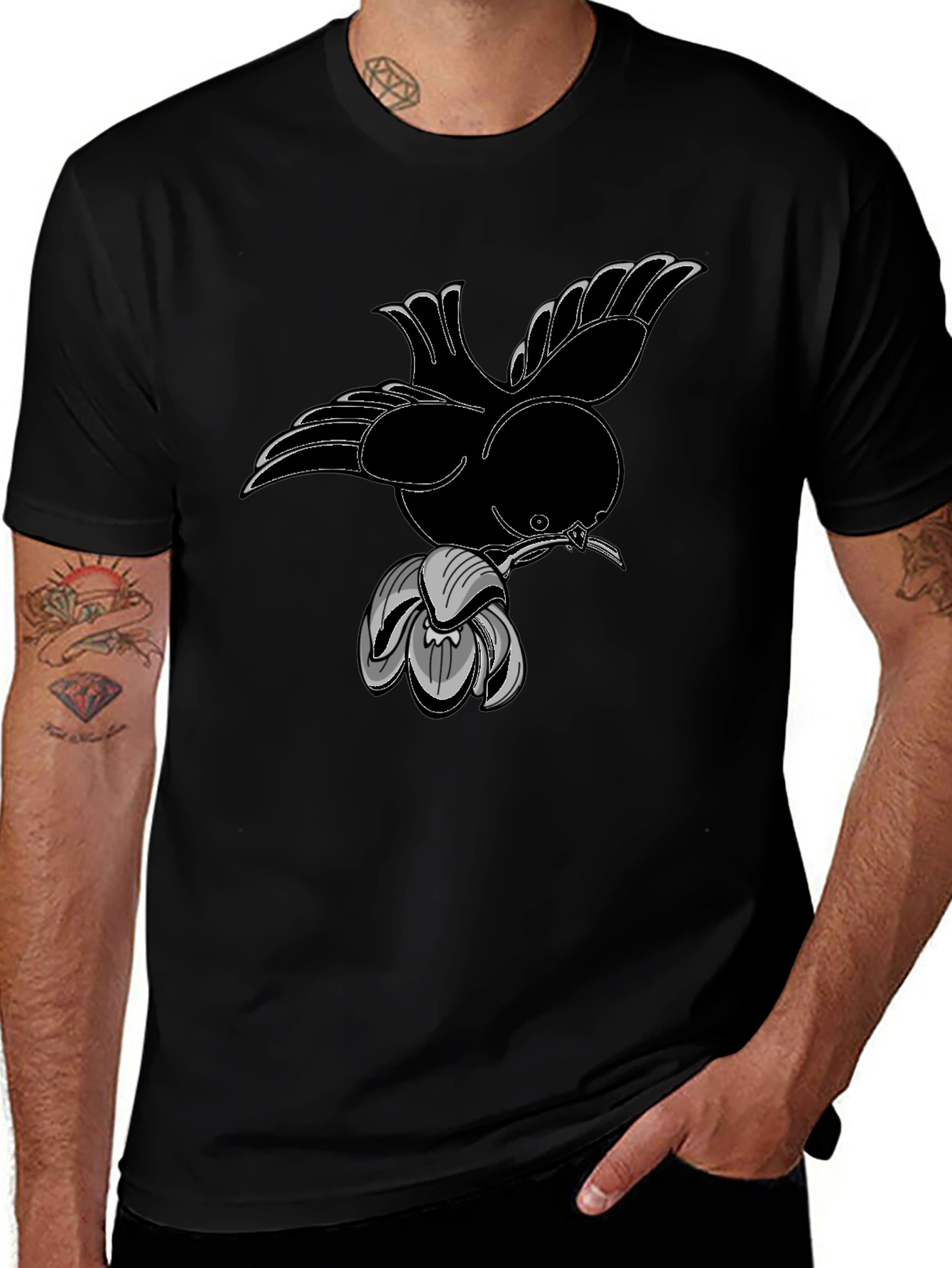 Bird and Flower Graphic Black T-Shirt