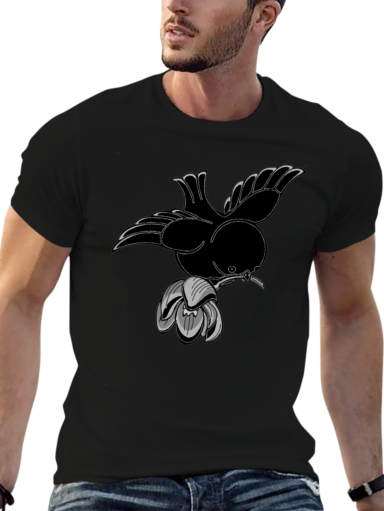 Bird and Flower Graphic Black T-Shirt
