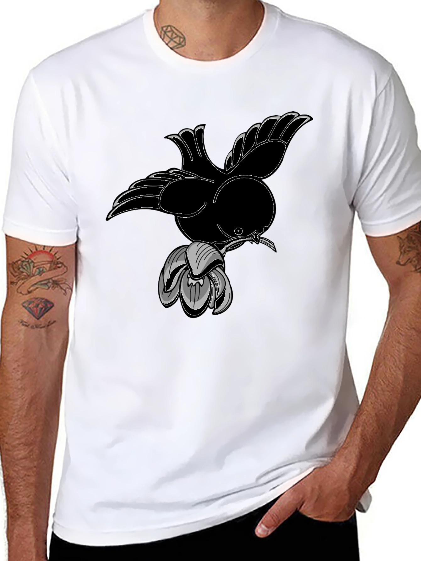 Bird and Flower Graphic Black T-Shirt