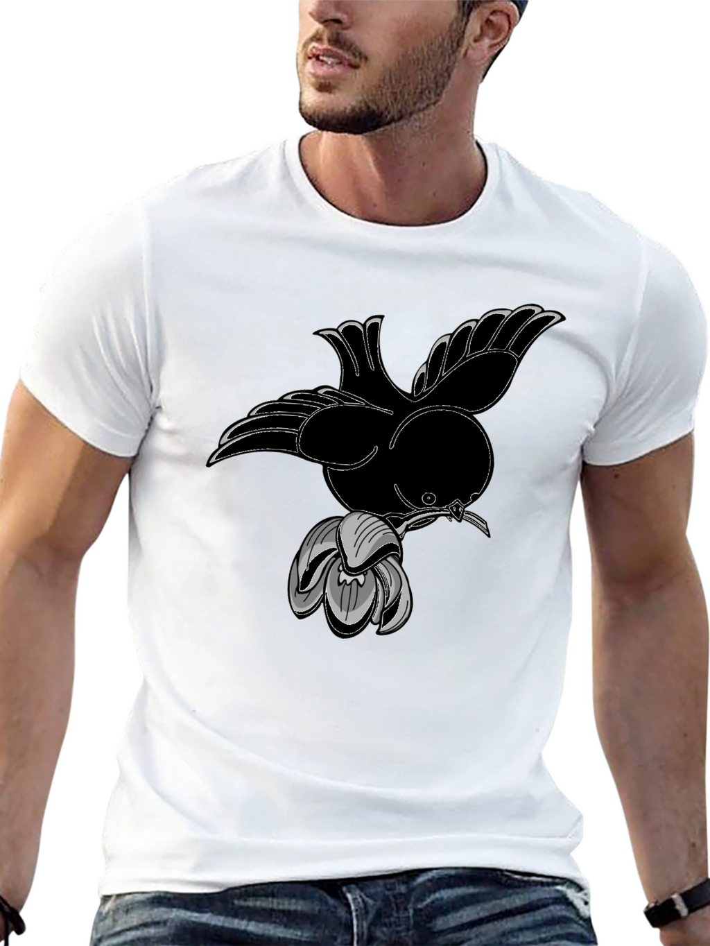 Bird and Flower Graphic Black T-Shirt
