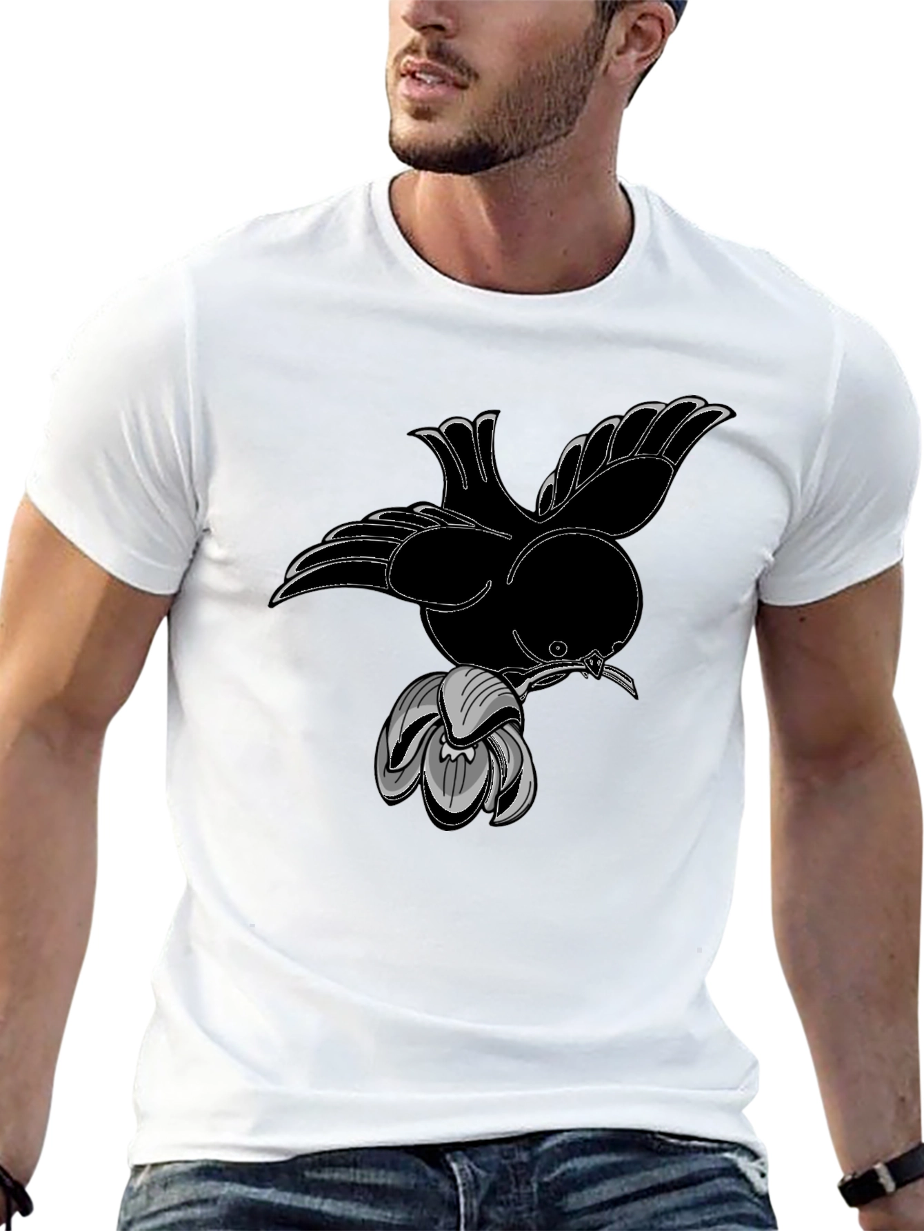 Bird and Flower Graphic Black T-Shirt