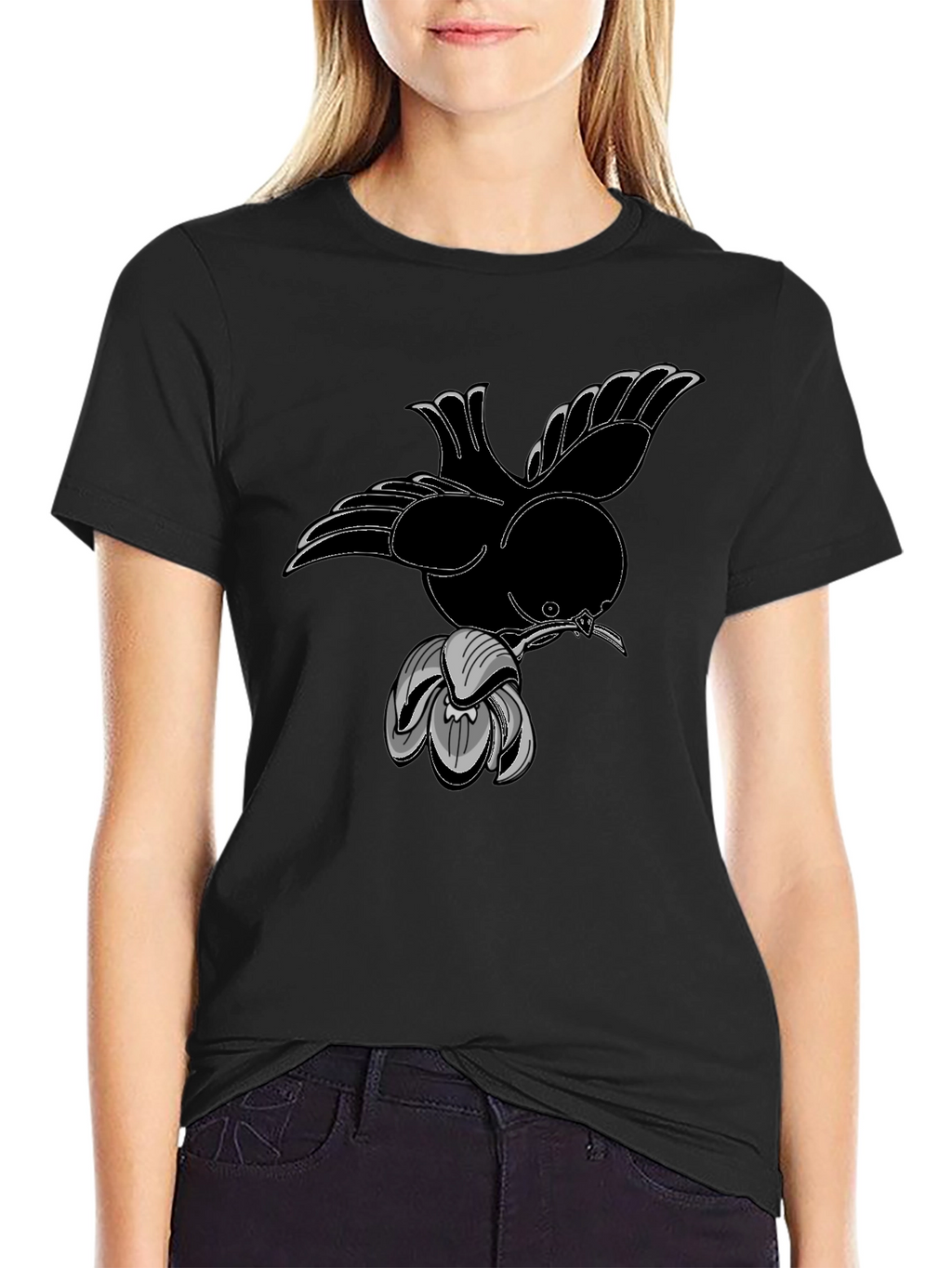 Bird and Flower Graphic Black T-Shirt