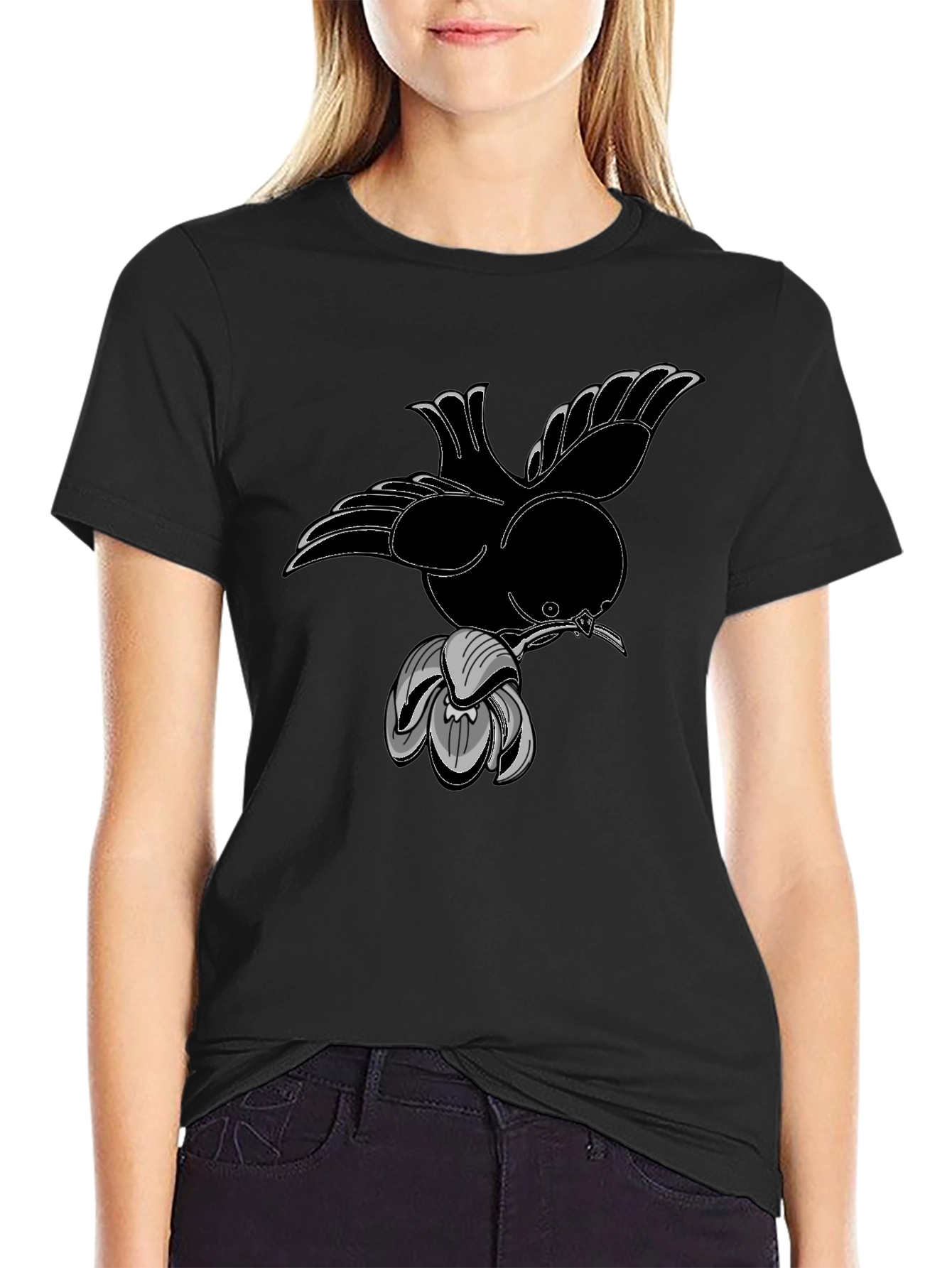Bird and Flower Graphic Black T-Shirt