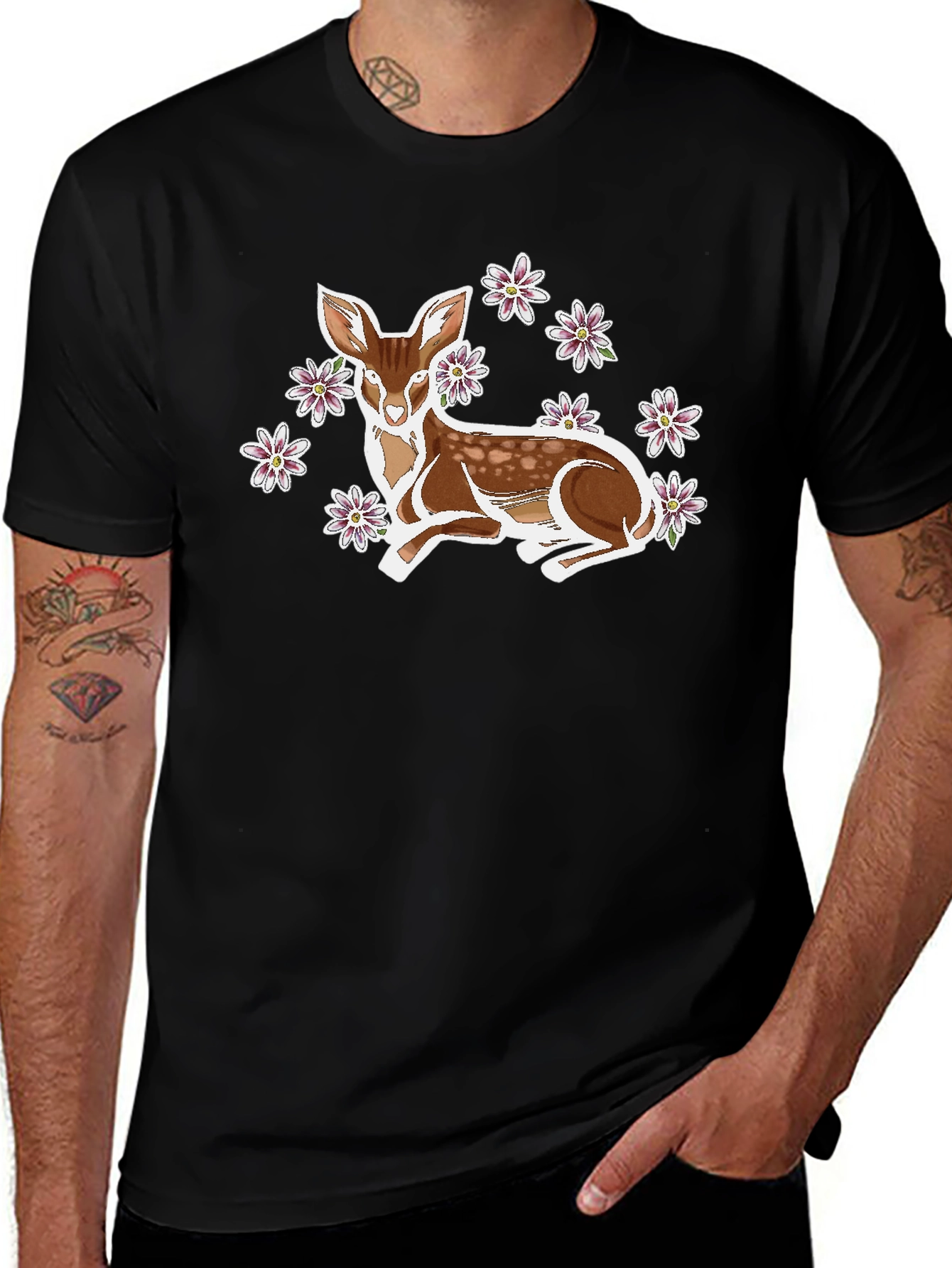 Deer with Flowers Graphic Tee - Unisex Black T-Shirt