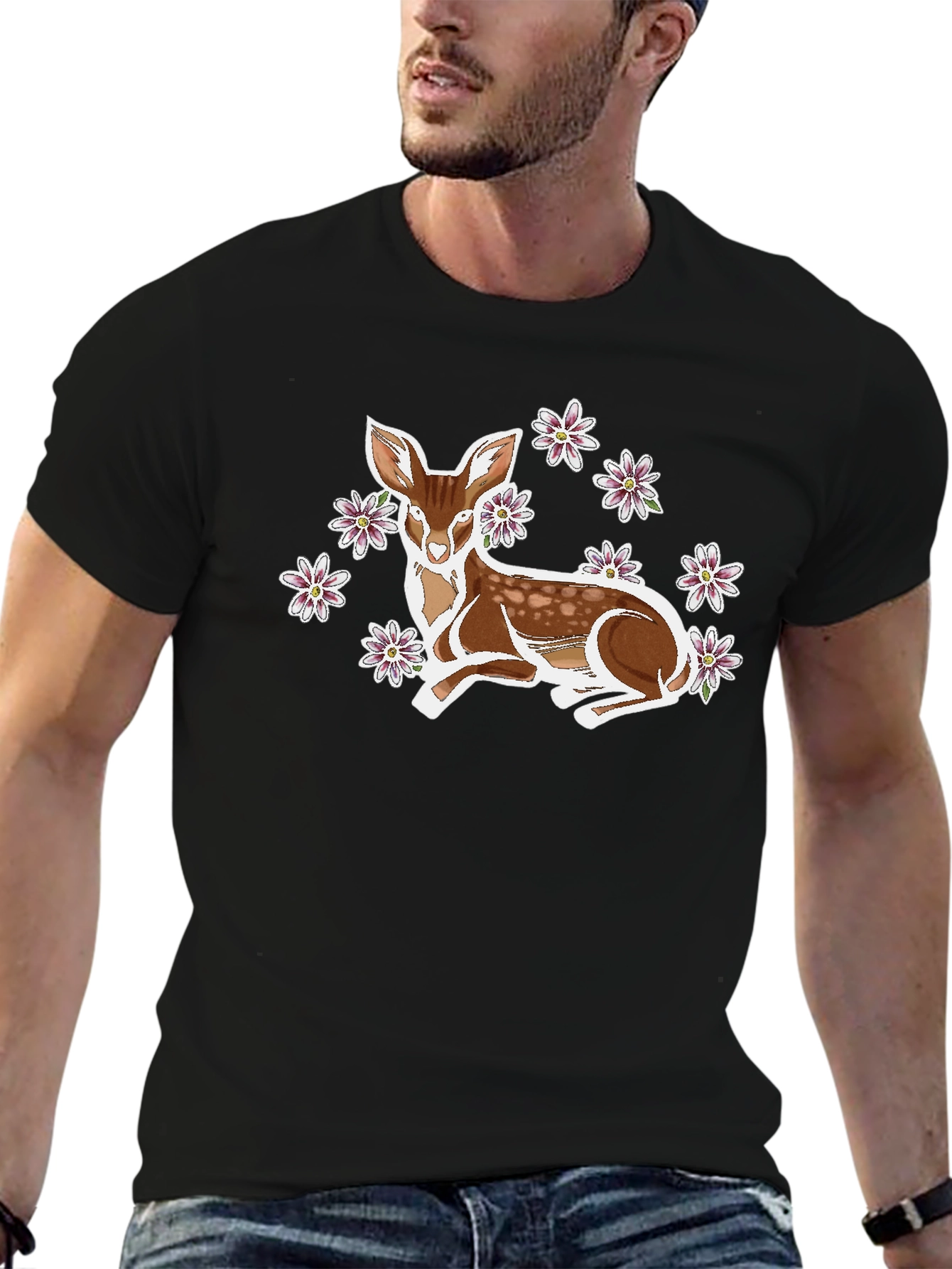 Deer with Flowers Graphic Tee - Unisex Black T-Shirt