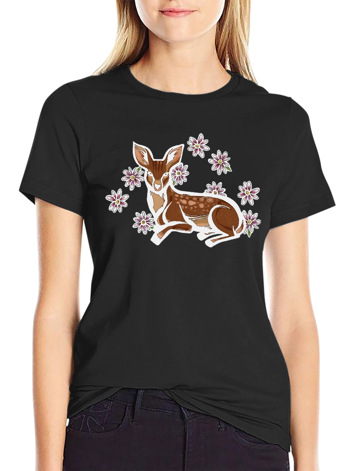Deer with Flowers Graphic Tee - Unisex Black T-Shirt