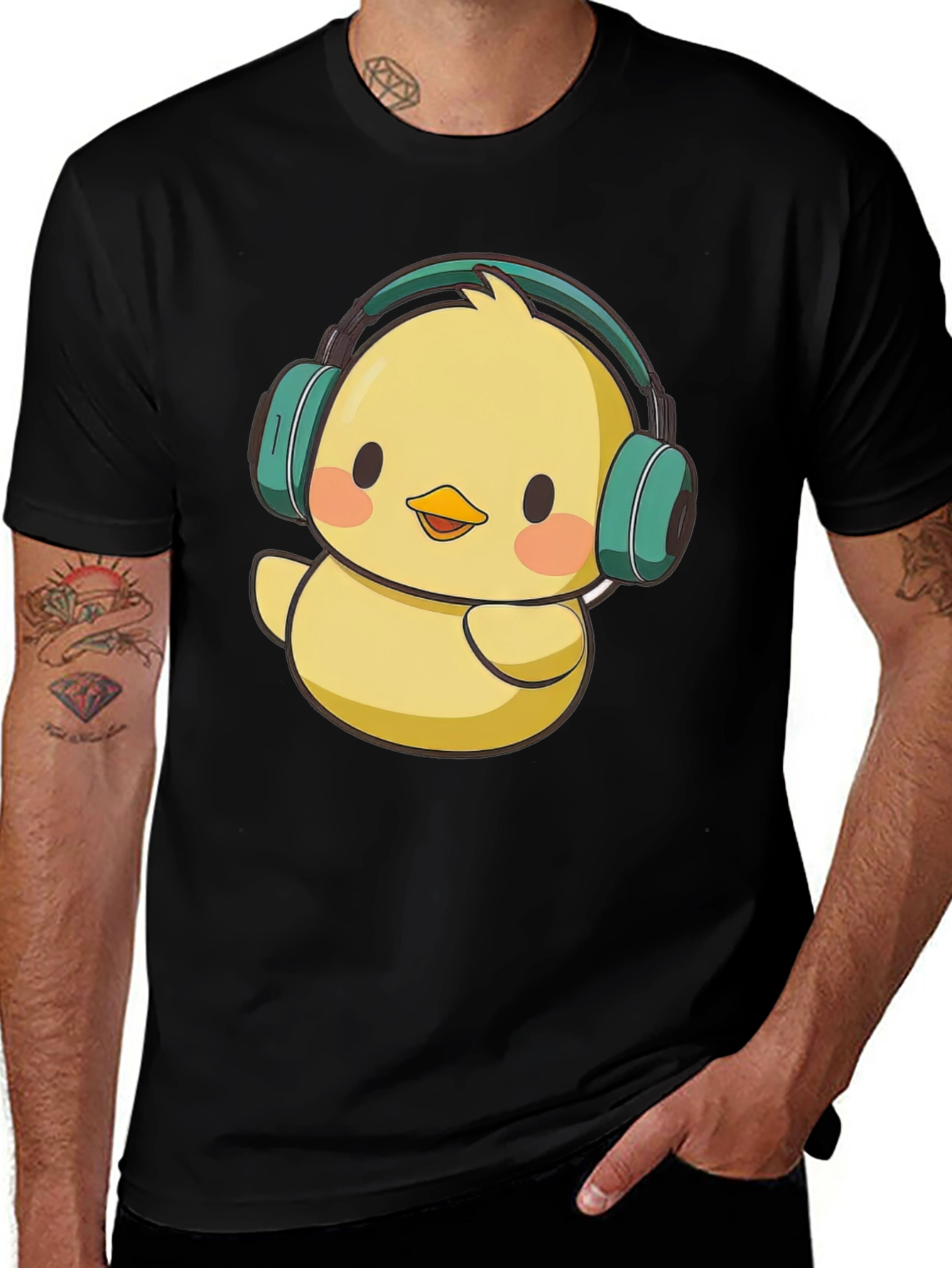 Cute Chick with Headphones Graphic Tee - Black T-Shirt