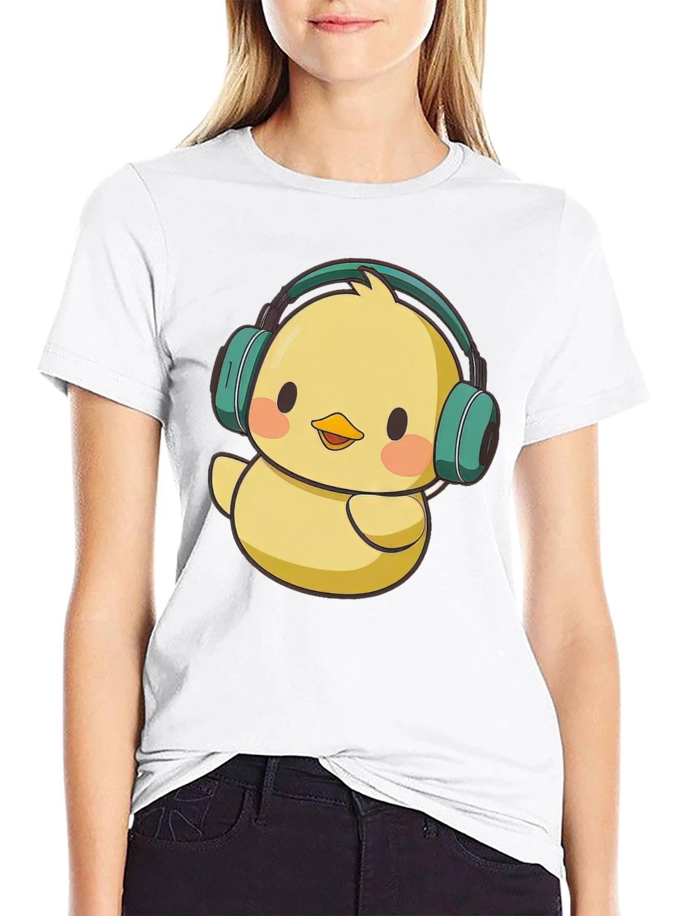 Cute Chick with Headphones Graphic Tee - Black T-Shirt