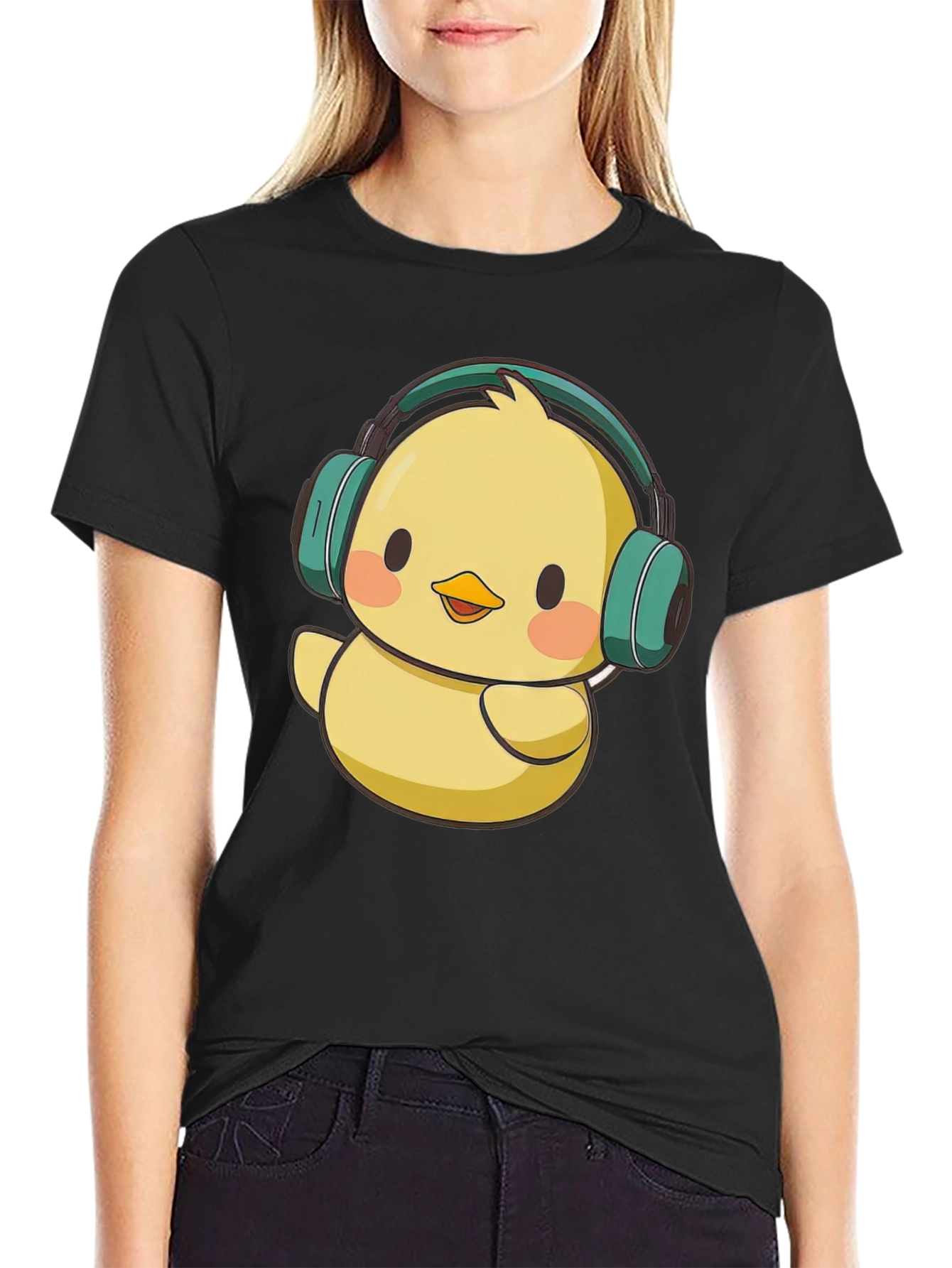 Cute Chick with Headphones Graphic Tee - Black T-Shirt