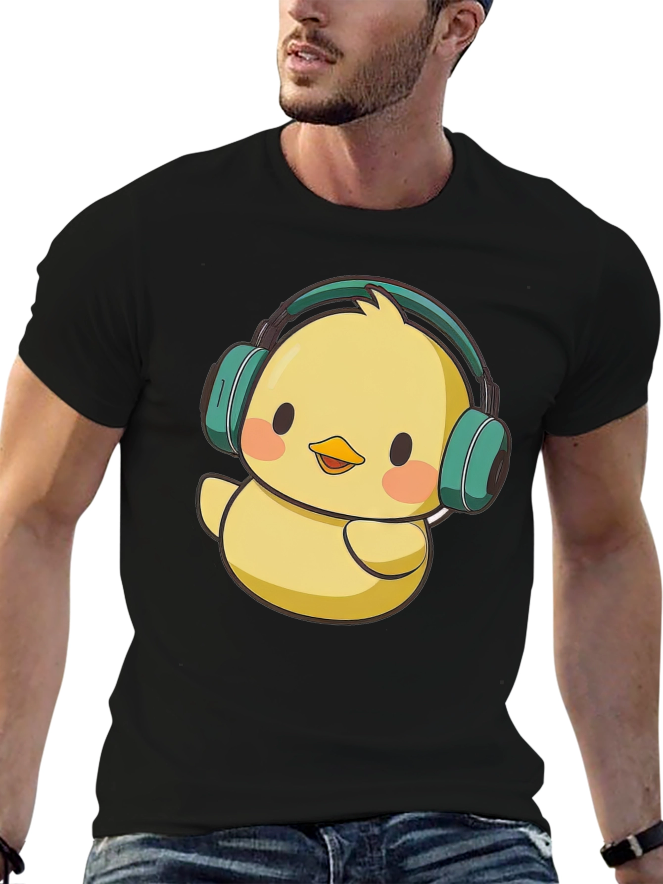 Cute Chick with Headphones Graphic Tee - Black T-Shirt
