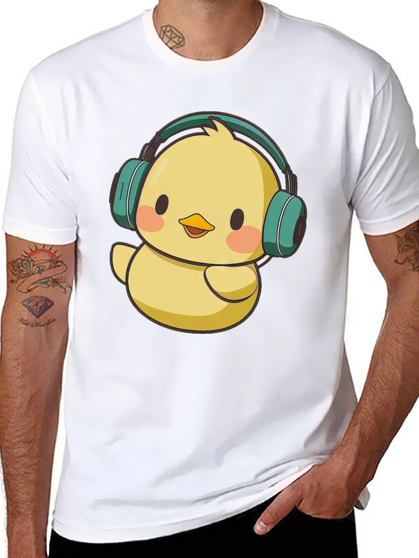 Cute Chick with Headphones Graphic Tee - Black T-Shirt