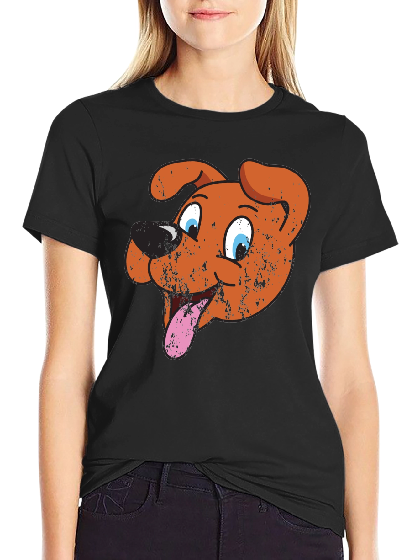 Cartoon Dog Graphic Tee - Black Cotton T-Shirt