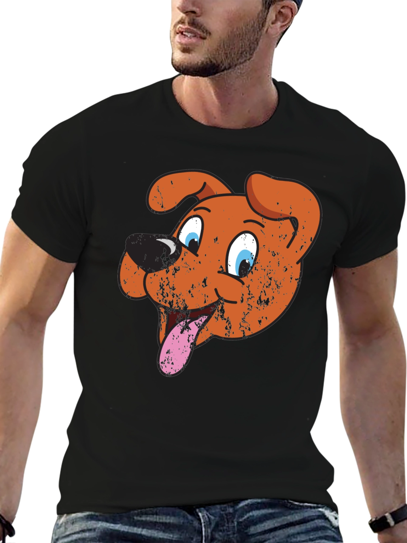 Cartoon Dog Graphic Tee - Black Cotton T-Shirt