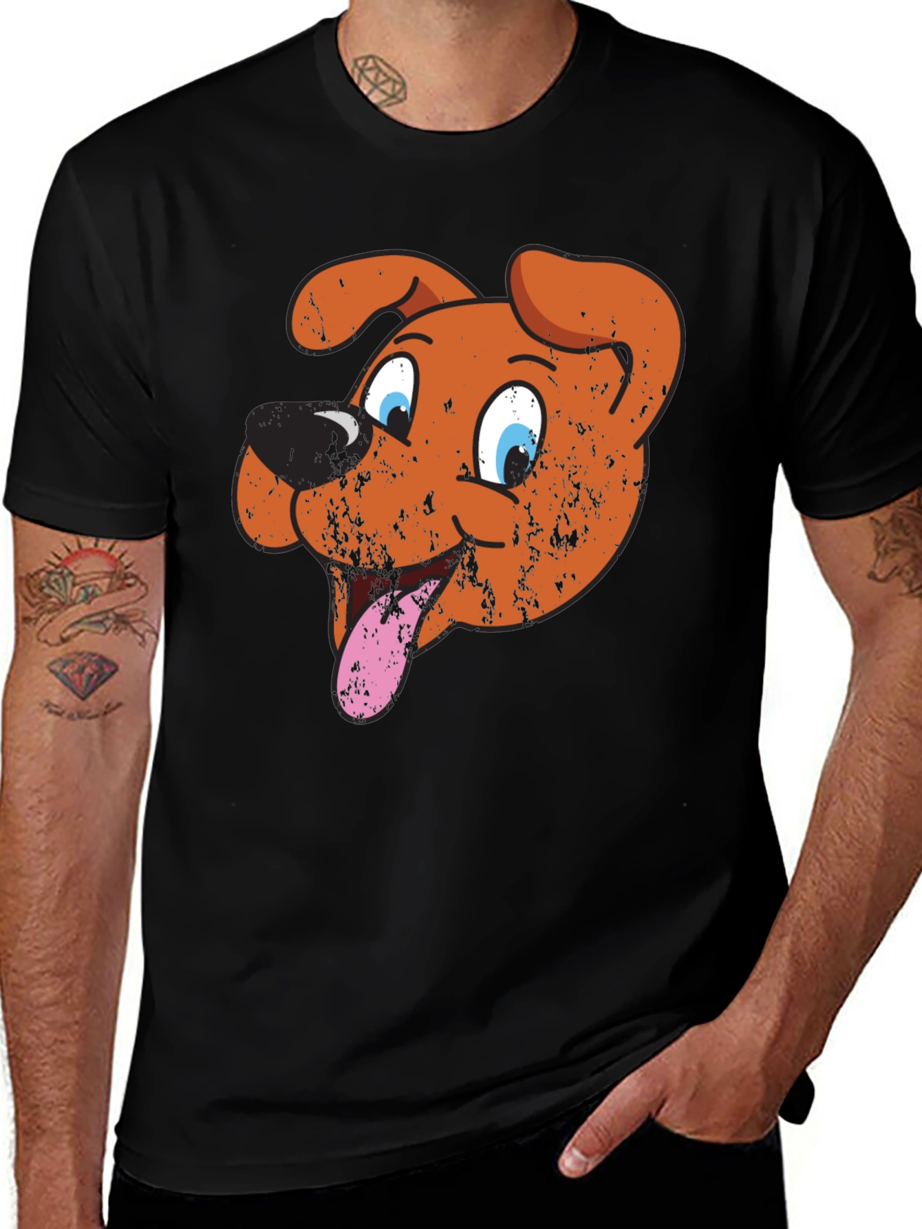 Cartoon Dog Graphic Tee - Black Cotton T-Shirt