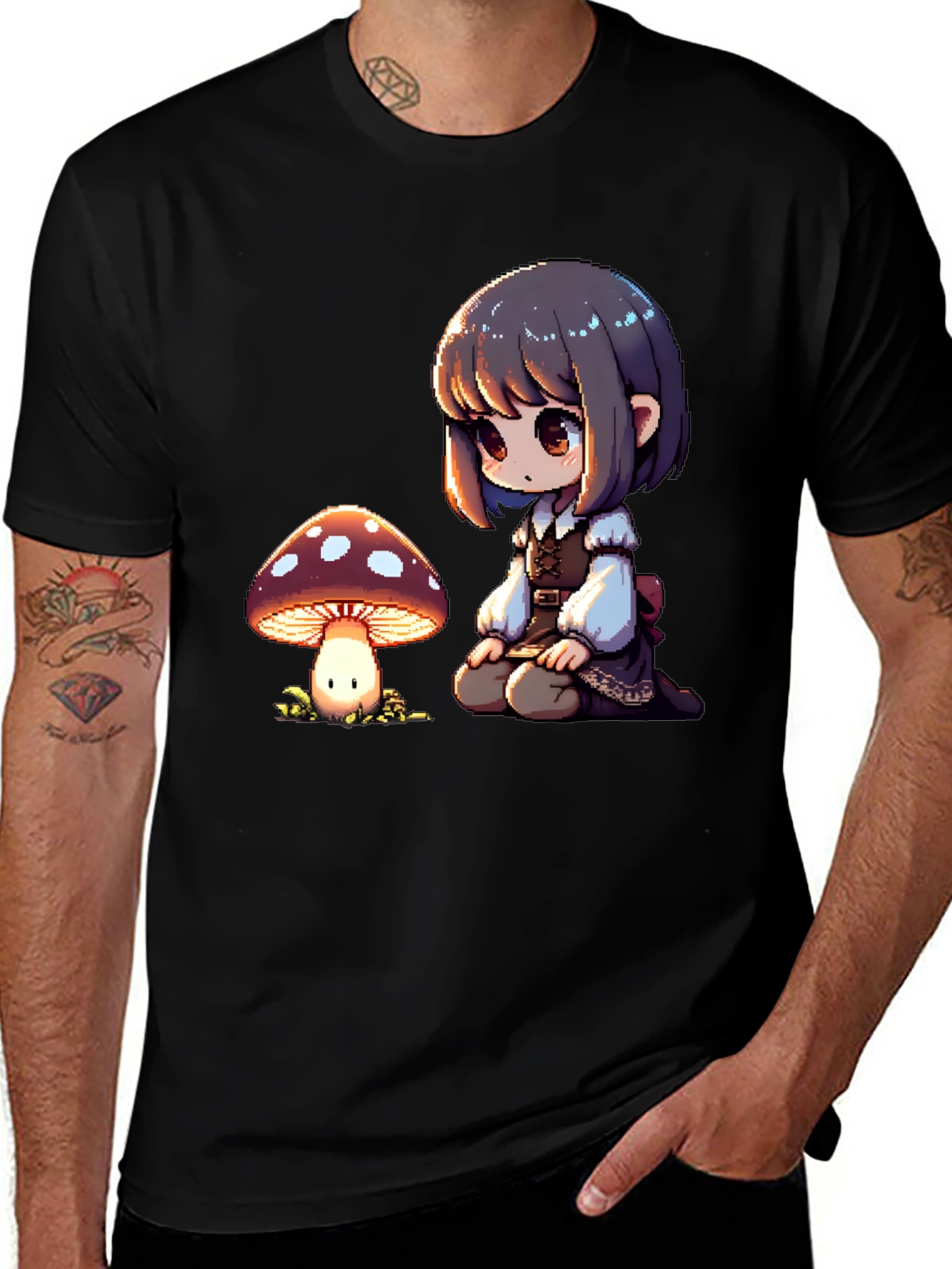 Anime Girl & Mushroom Graphic Black T-Shirt