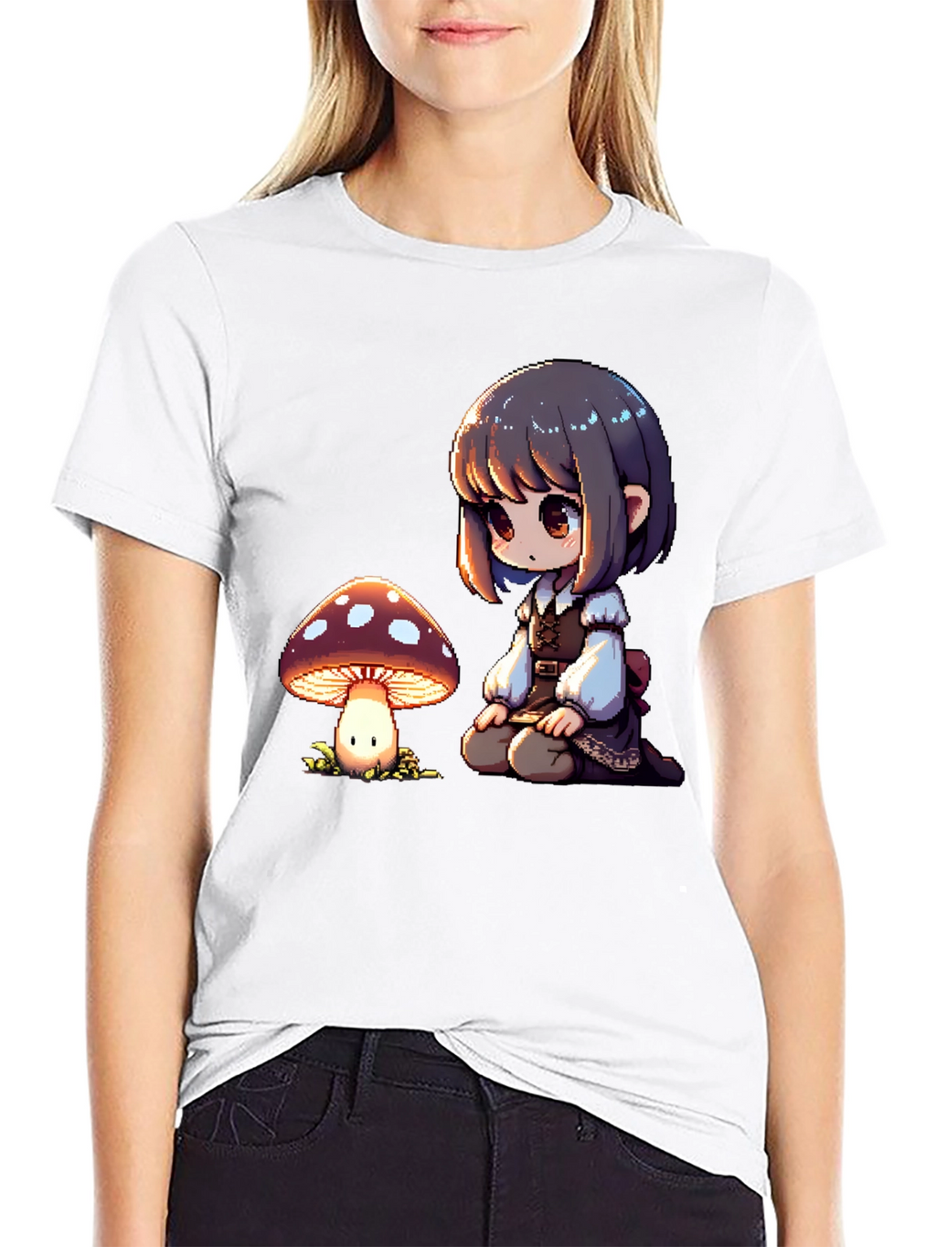 Anime Girl & Mushroom Graphic Black T-Shirt
