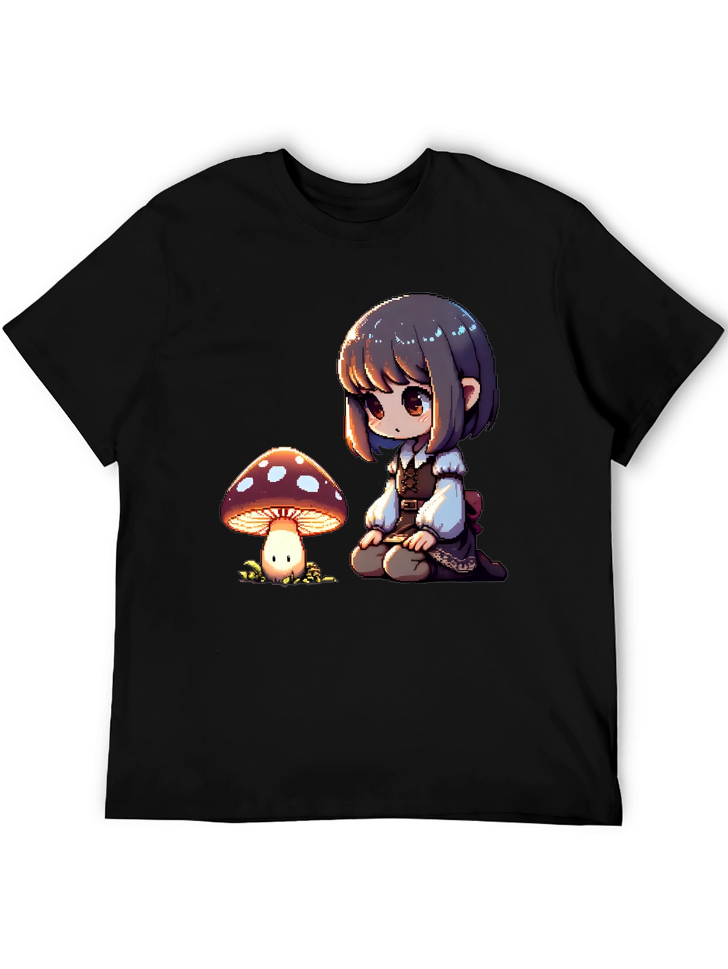 Anime Girl & Mushroom Graphic Black T-Shirt