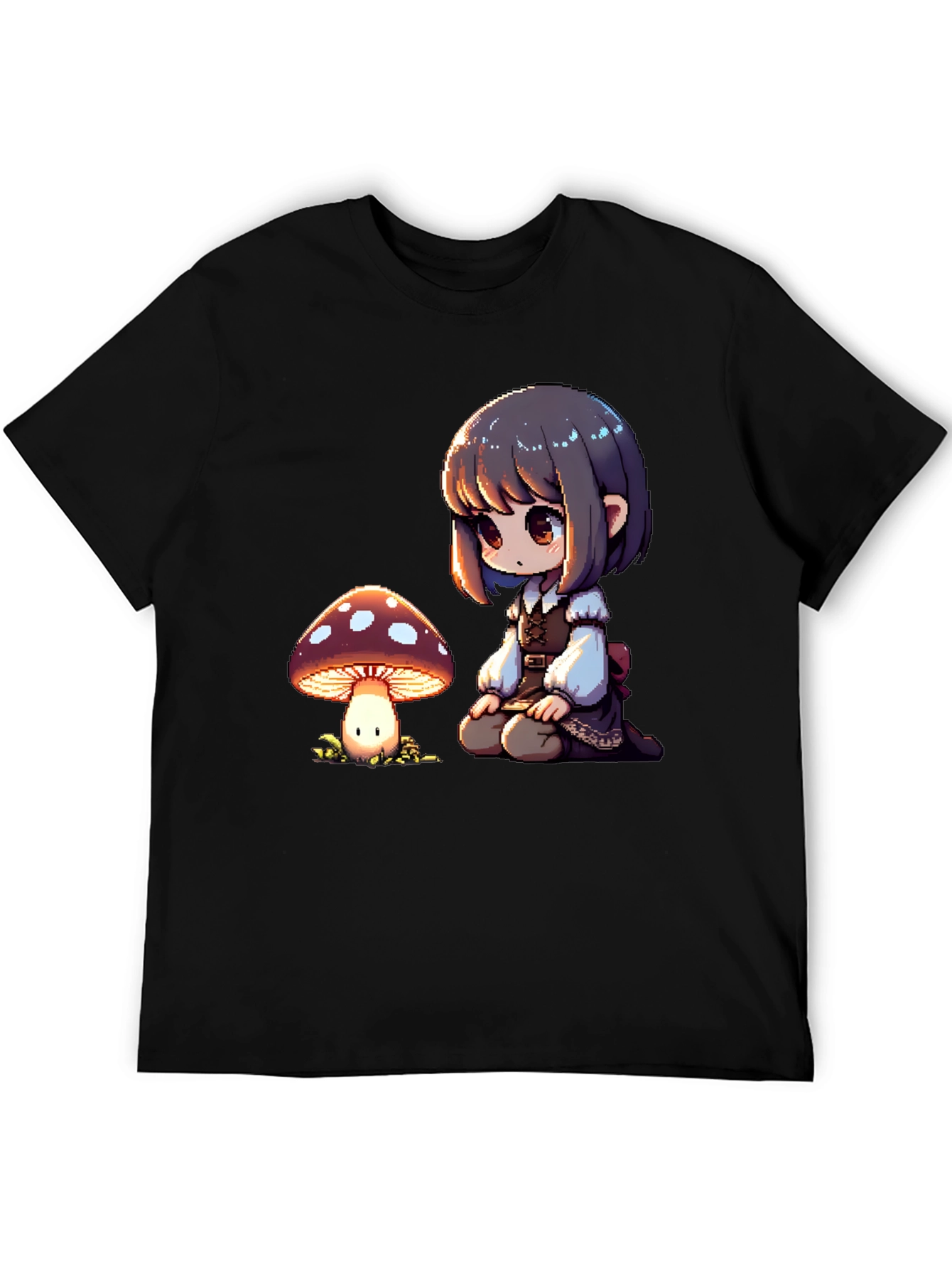 Anime Girl & Mushroom Graphic Black T-Shirt