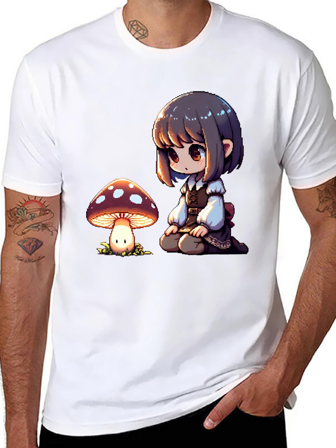 Anime Girl & Mushroom Graphic Black T-Shirt