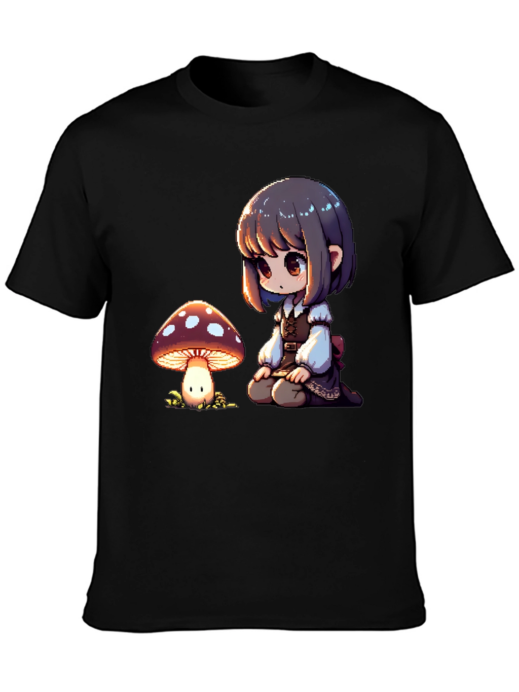 Anime Girl & Mushroom Graphic Black T-Shirt