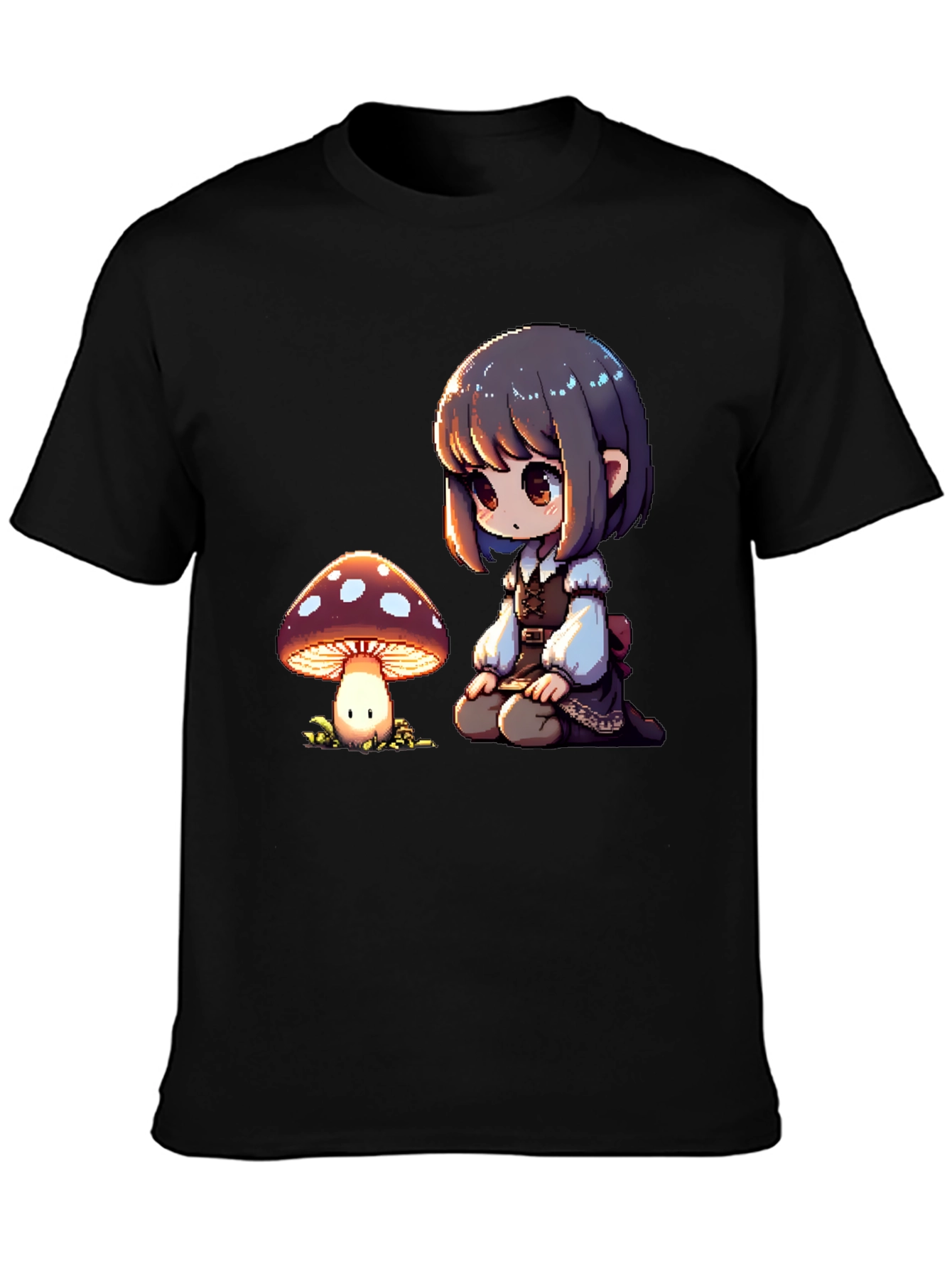 Anime Girl & Mushroom Graphic Black T-Shirt