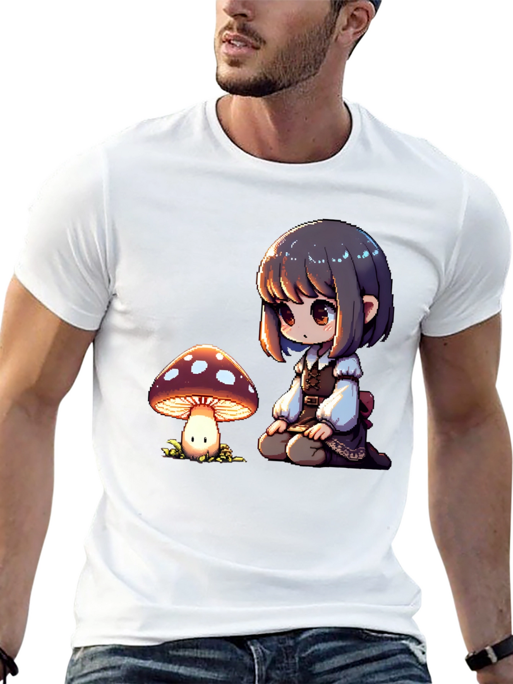 Anime Girl & Mushroom Graphic Black T-Shirt