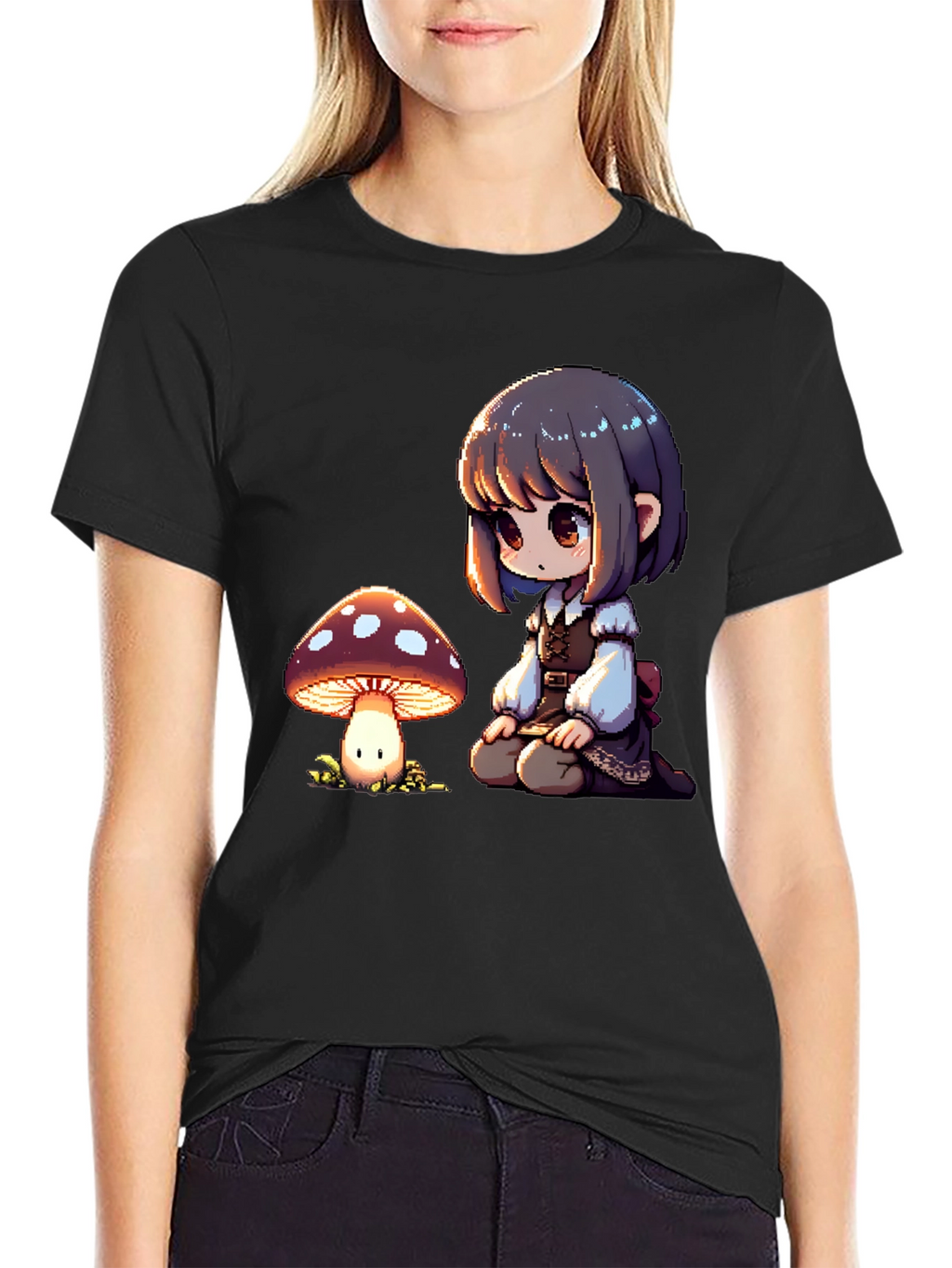 Anime Girl & Mushroom Graphic Black T-Shirt
