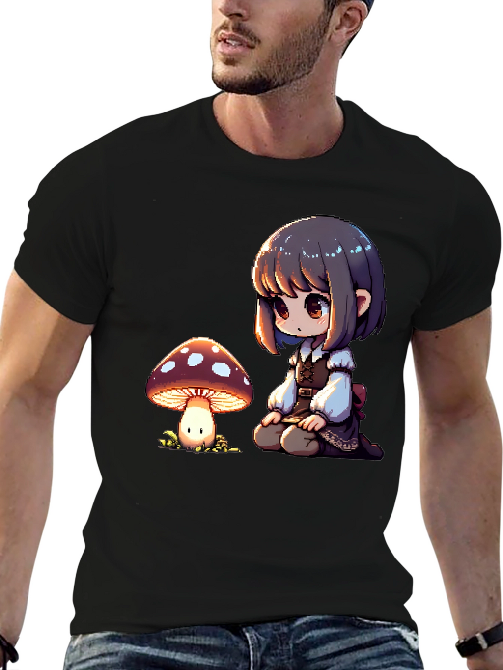 Anime Girl & Mushroom Graphic Black T-Shirt