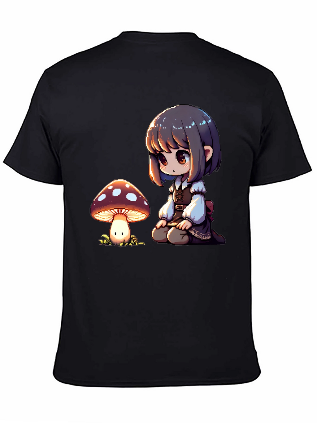 Anime Girl & Mushroom Graphic Black T-Shirt