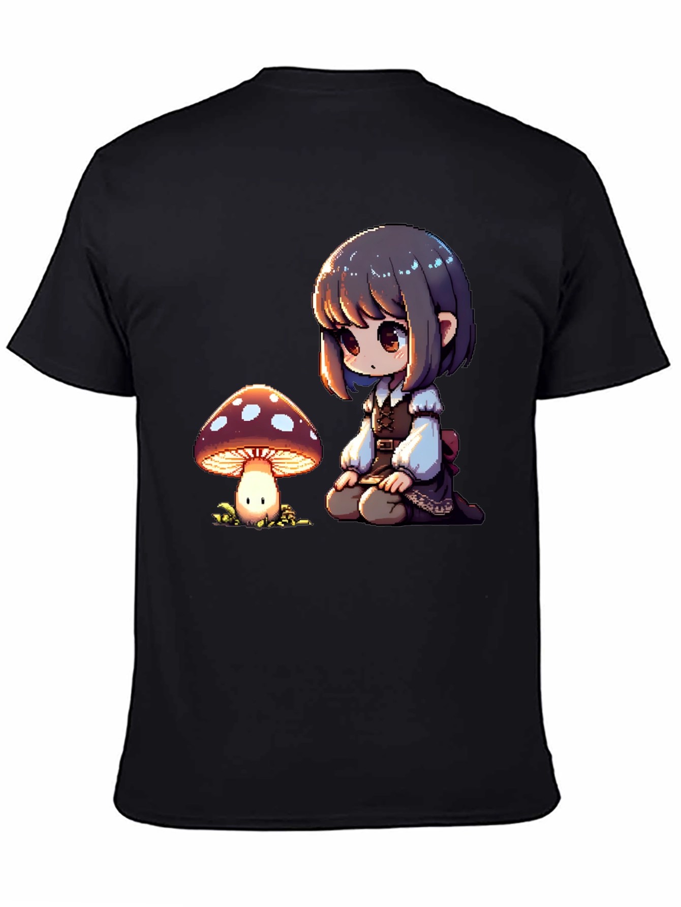 Anime Girl & Mushroom Graphic Black T-Shirt