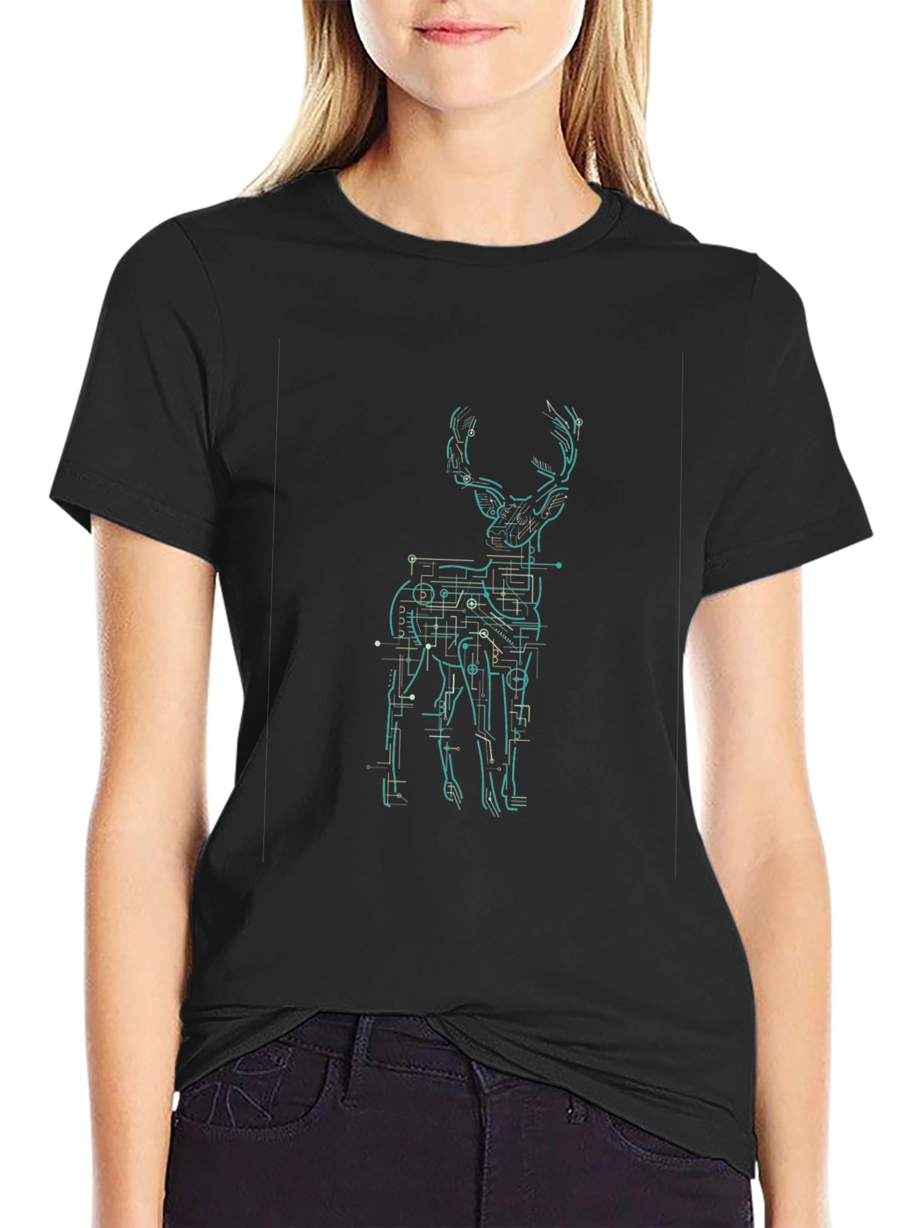 Tech Deer Graphic Tee - Black Cotton T-Shirt